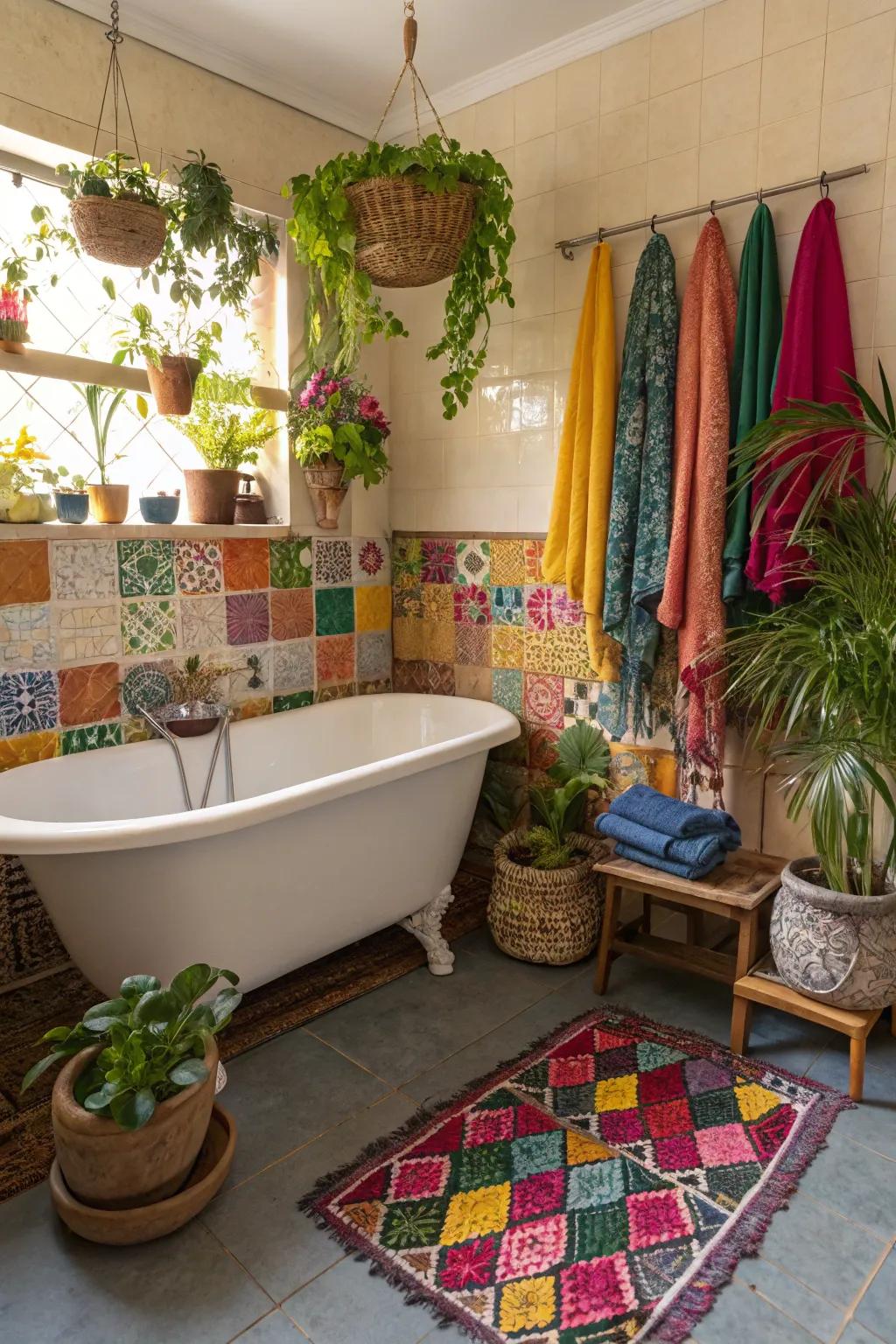 A diverse bohemian bathroom where ingenuity and relaxation intertwine.