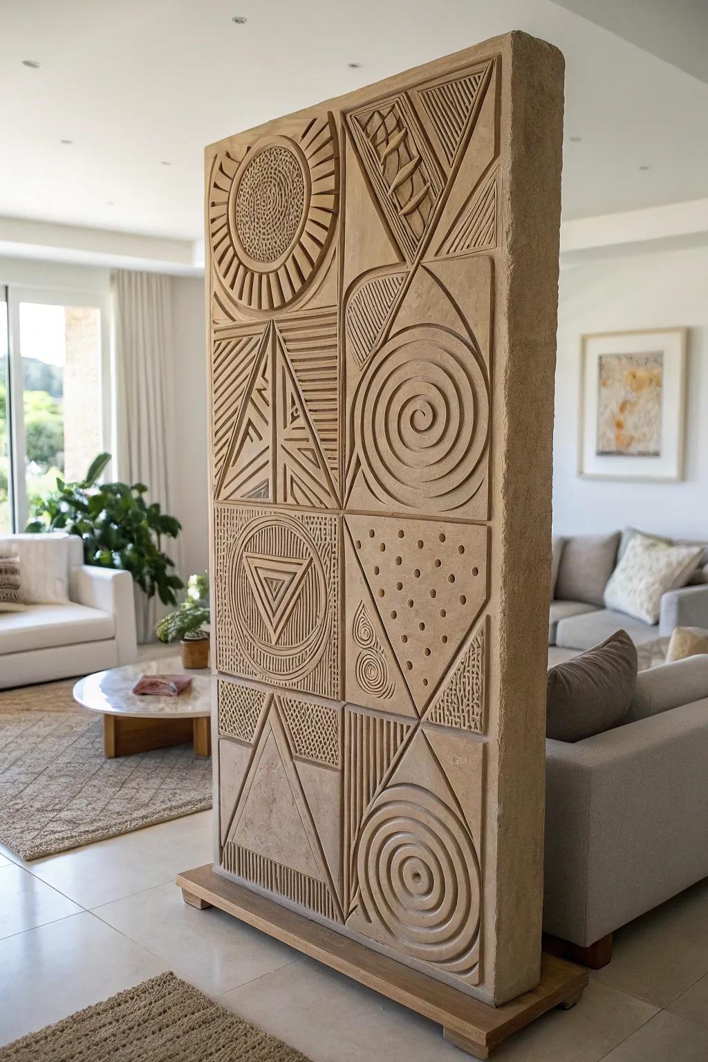 Conceptual geometric clay relief sculpture that imparts a modern flair to any room.