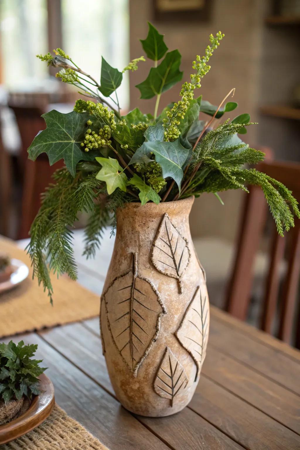 A nature-themed earthenware flower holder, presenting surfaces suggestive of leaves and timber.