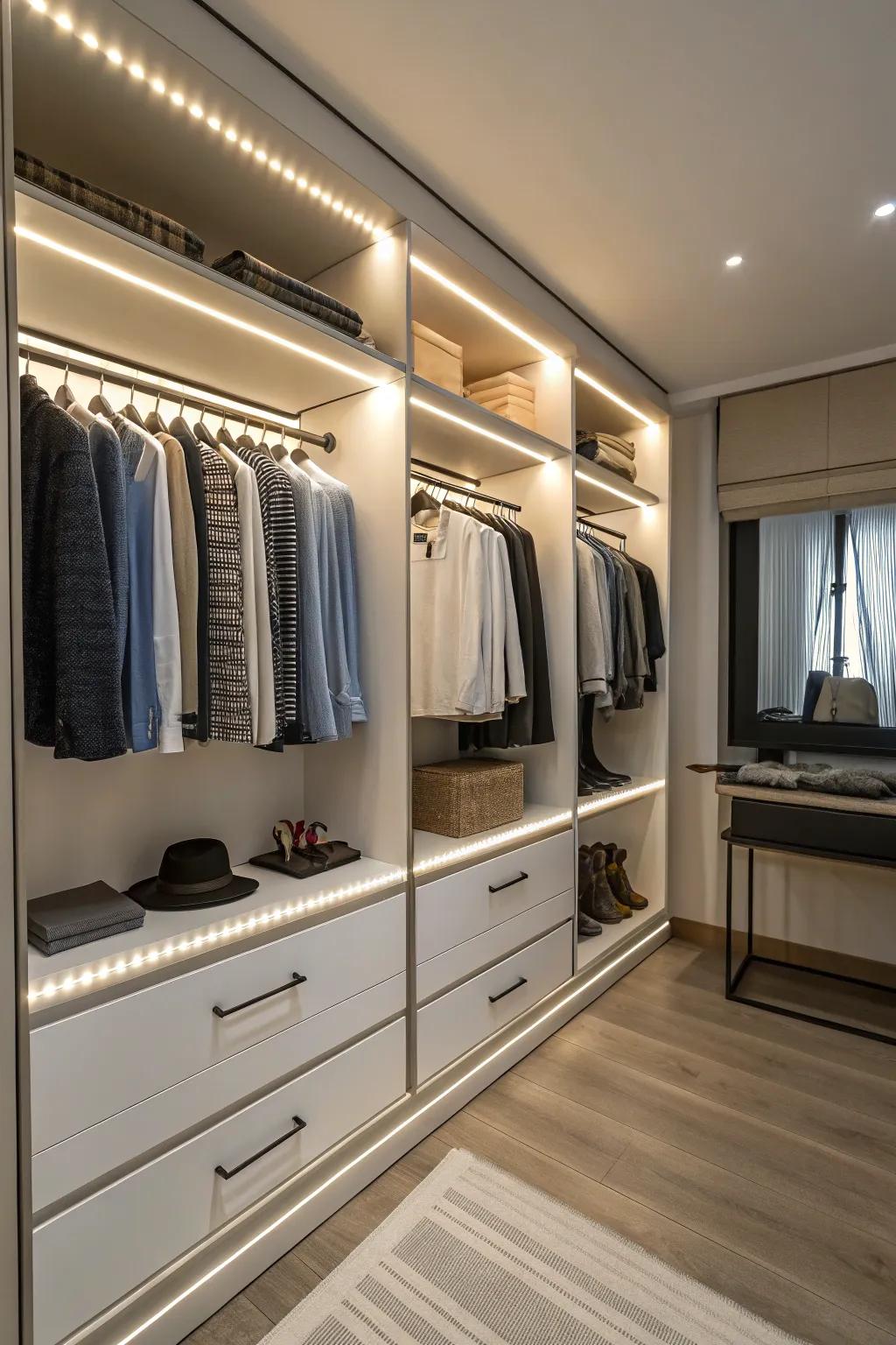 Radiant strips deliver focused lighting, ideal for contemporary closet designs.
