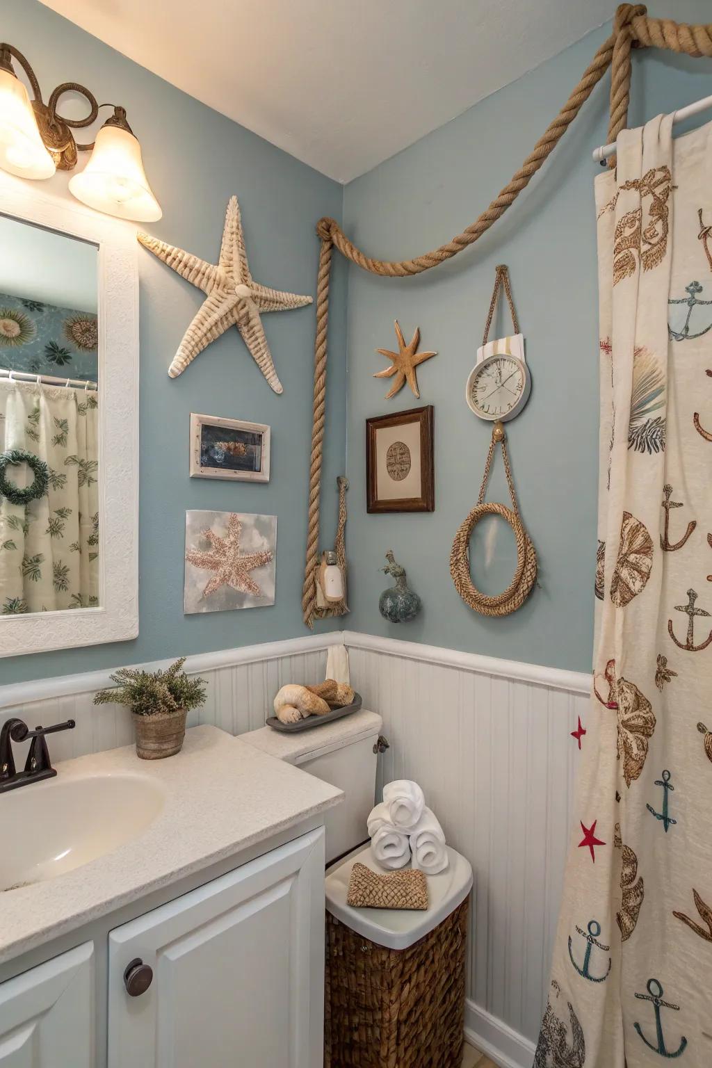 Seashells and starfish contribute a personal coastal flair.