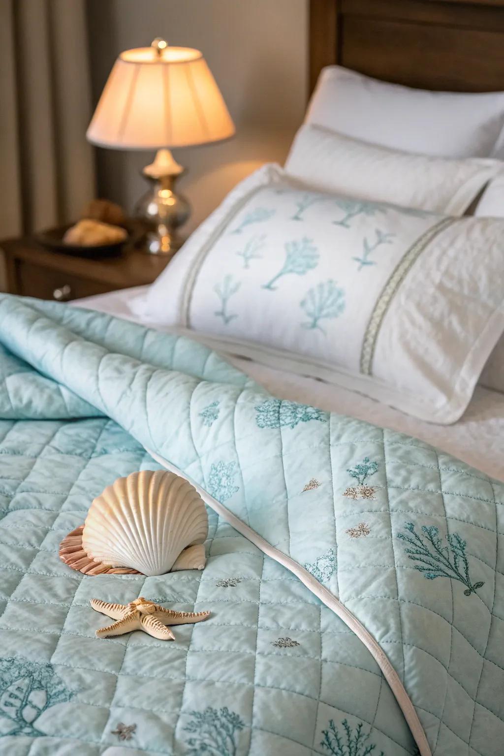 Light quilts give comfort and coastal grace.