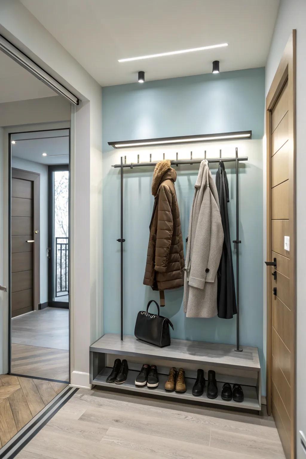 A sleek wall-mounted panel provides stylish coat storage.
