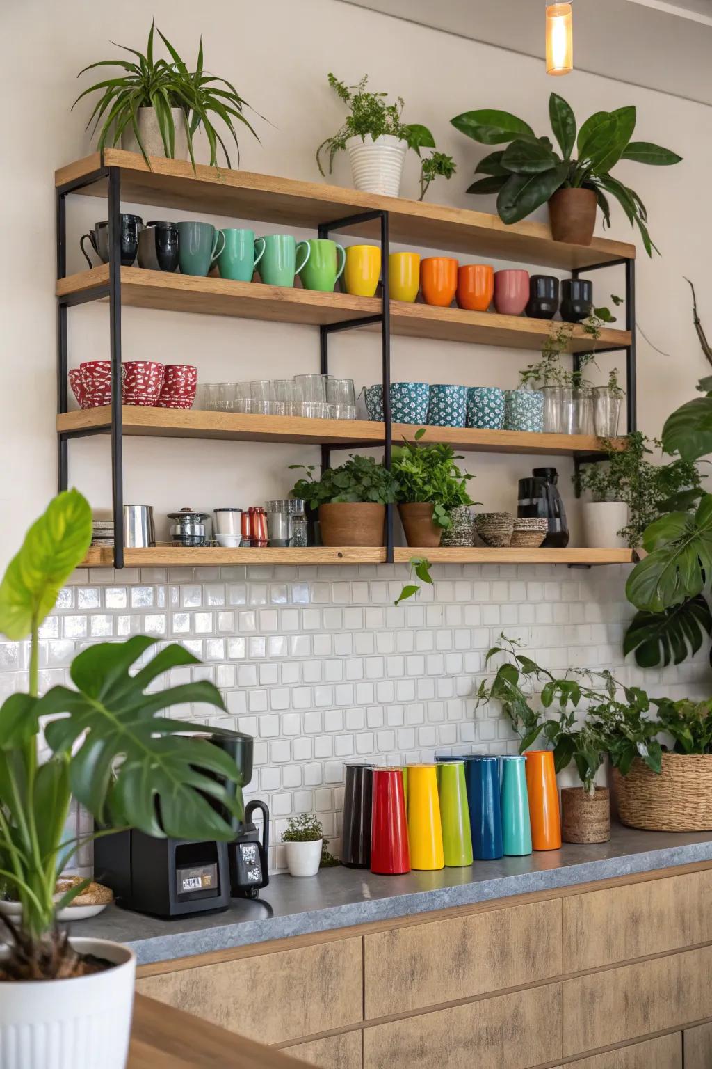 Exposed shelves artistically present coffee essentials.