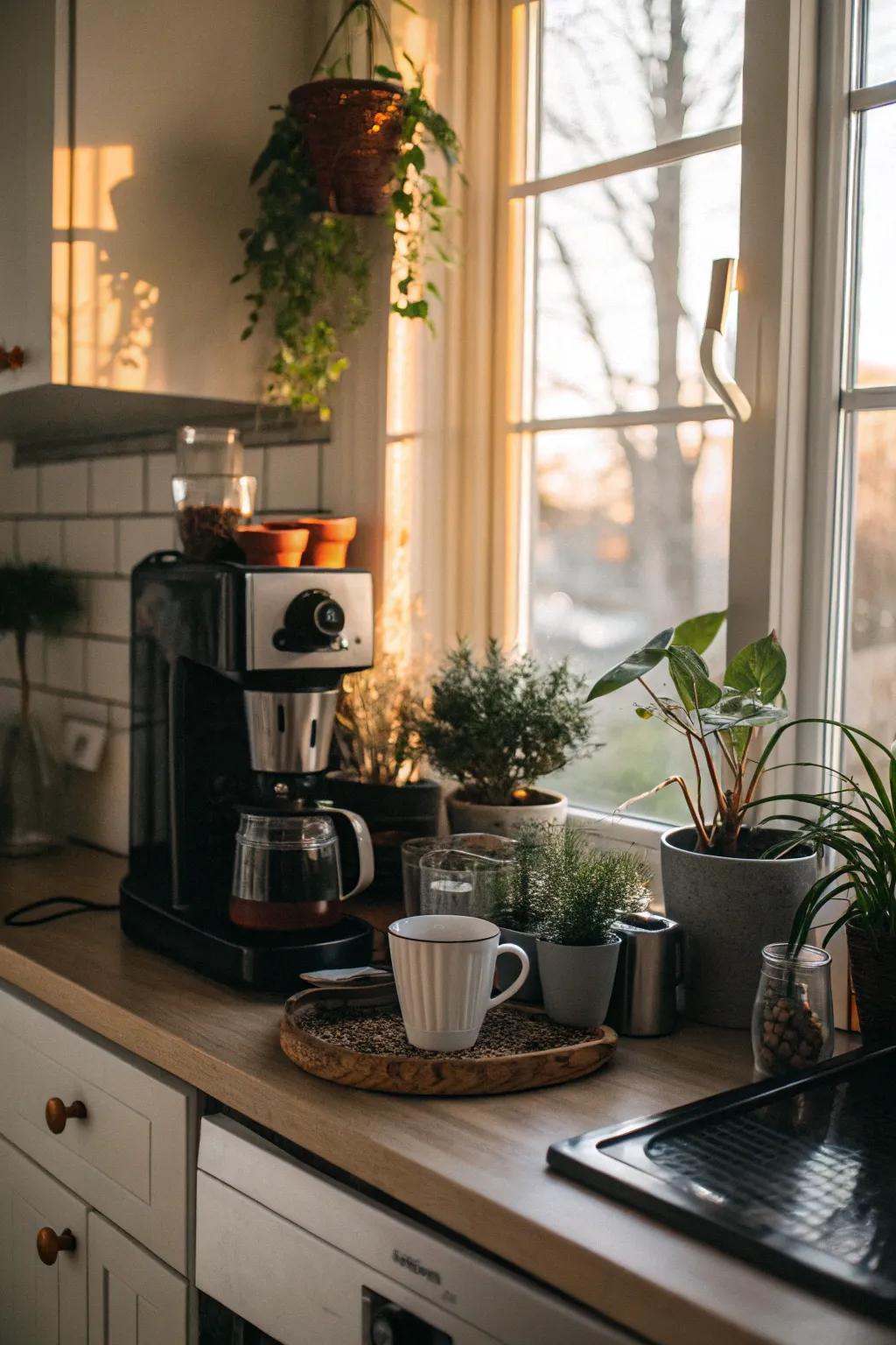 A scenic coffee station offers a tranquil start to the day.