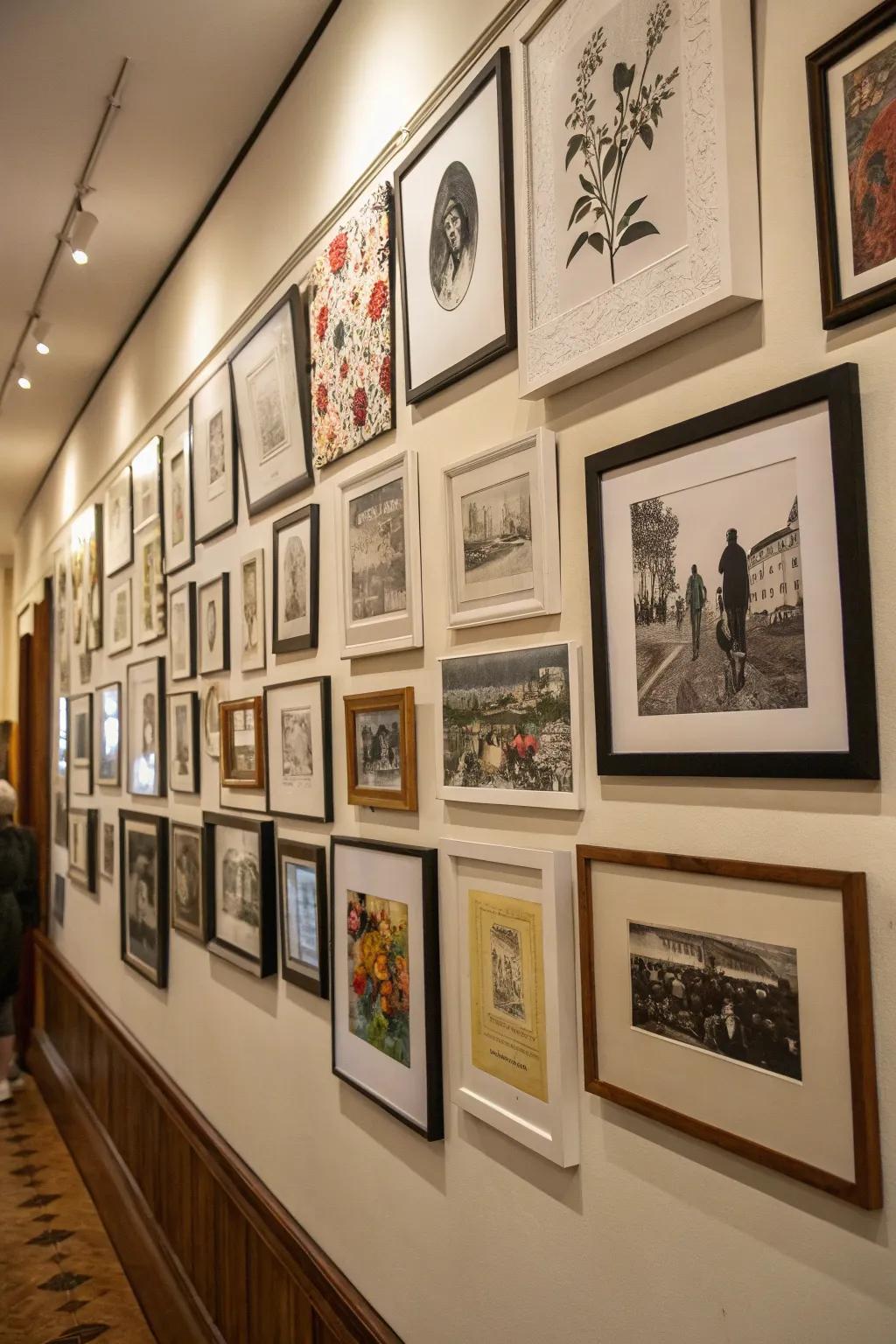 A gallery wall featuring a mix of personal photos and artistic prints.