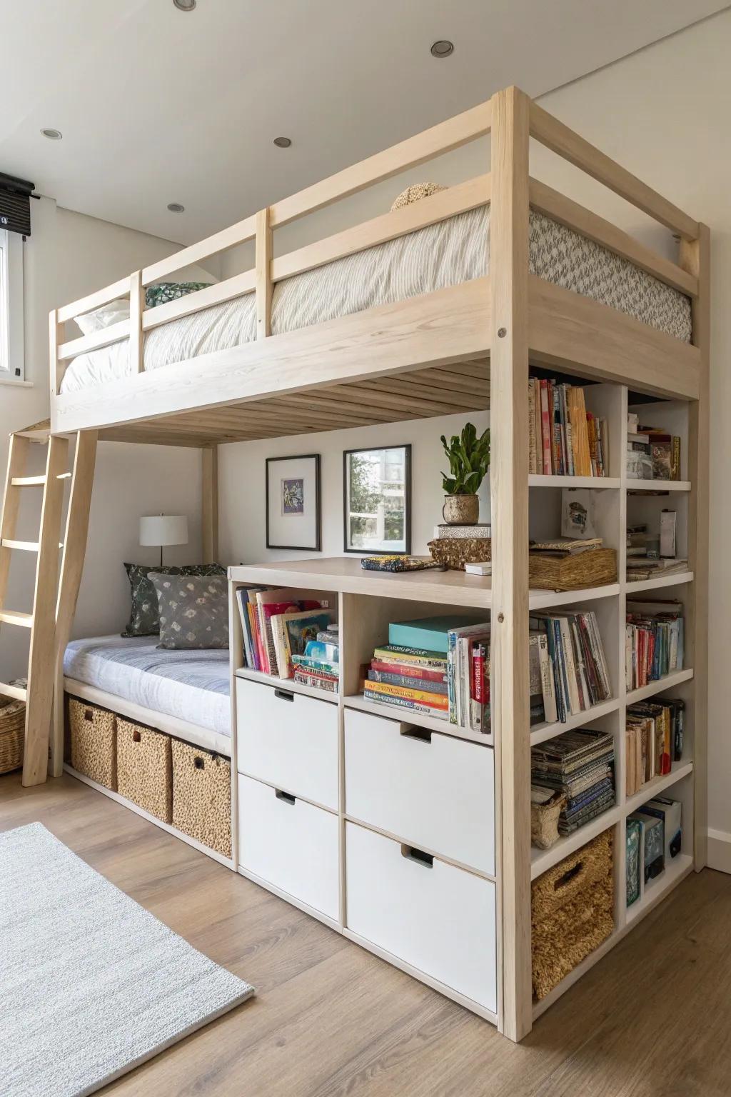 Utilize smart storage to maximize space beneath your high sleeper.