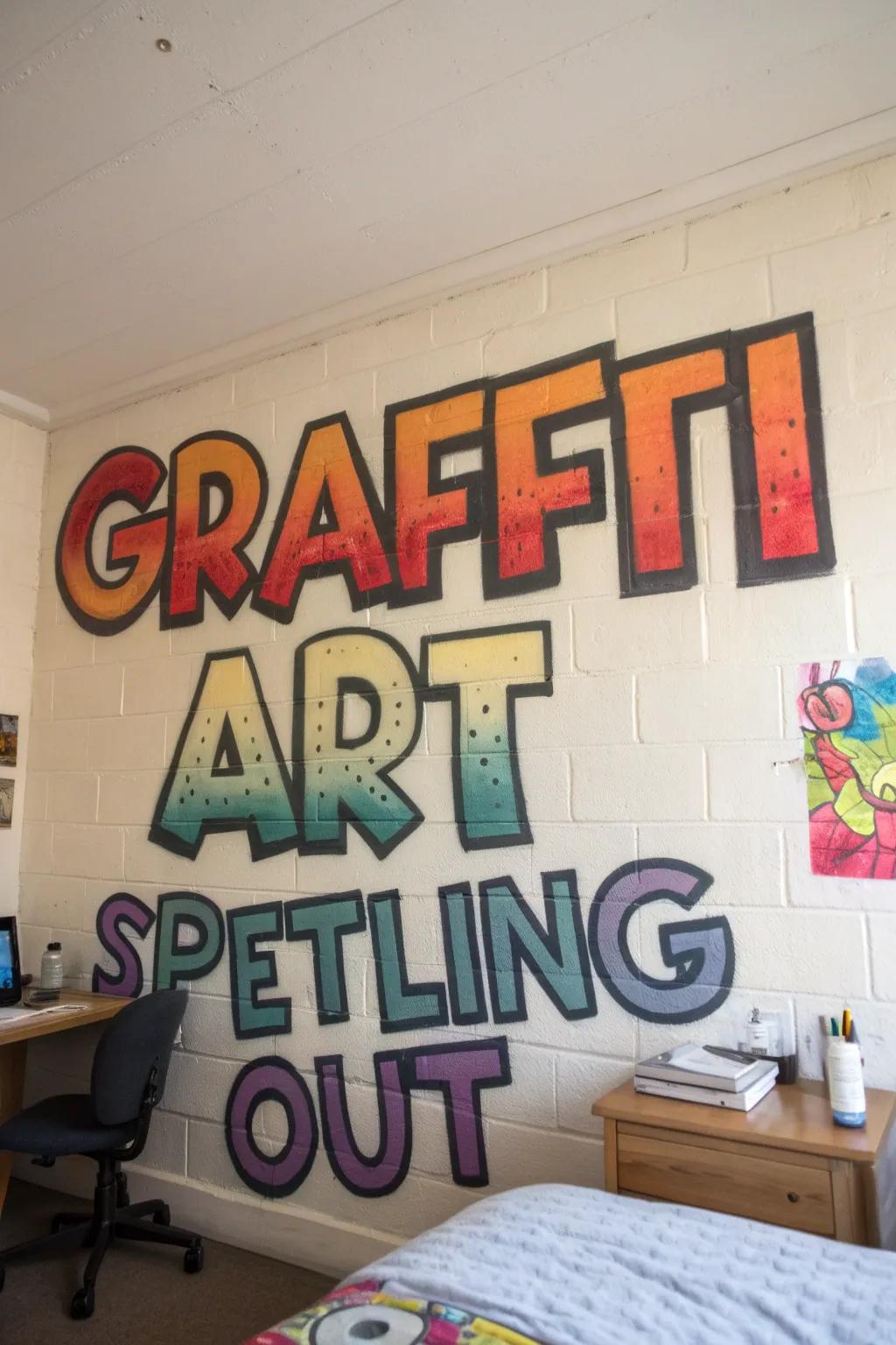 A bedroom wall uniquely decorated with name graffiti art.