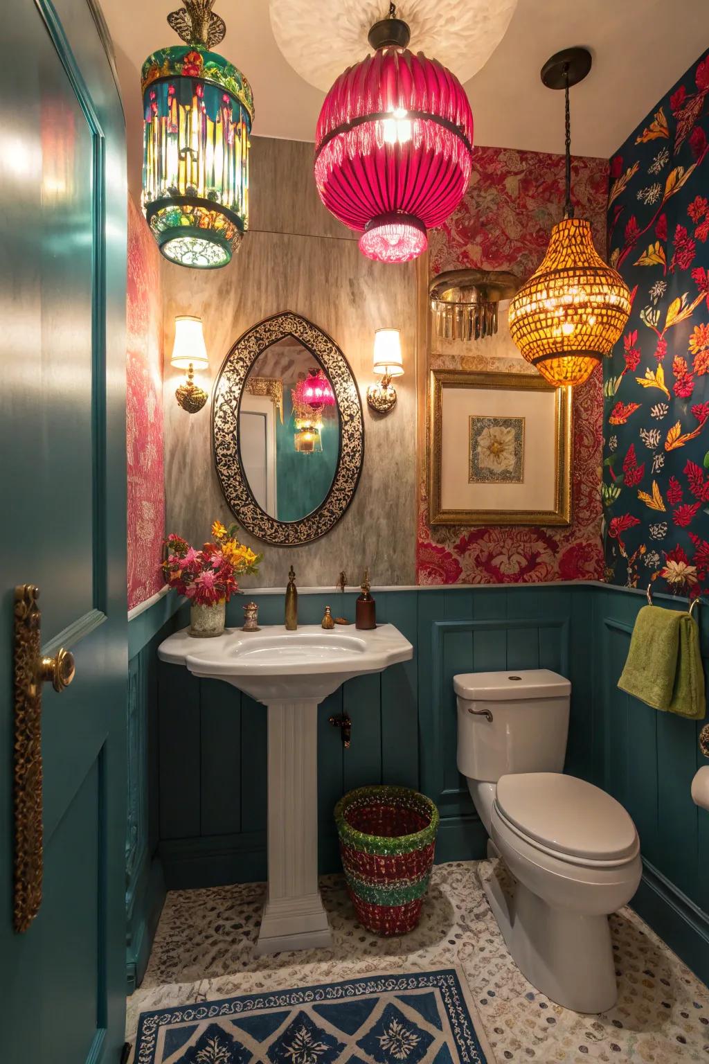 Unique decorative lighting elevates the colorful decor within this powder room.