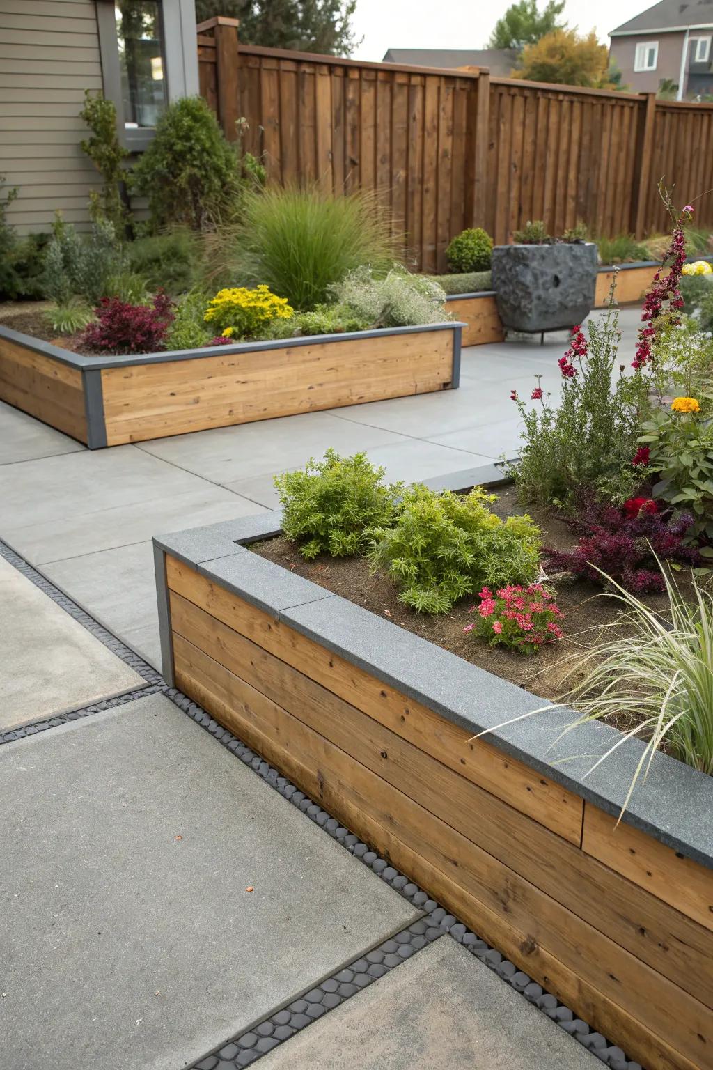 Contrasting materials imbue patio borders with a contemporary vibe.