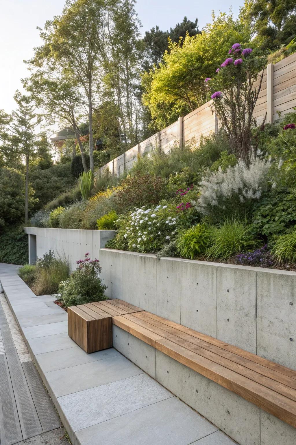 Built-in lounging enhances the usability of retaining structures.