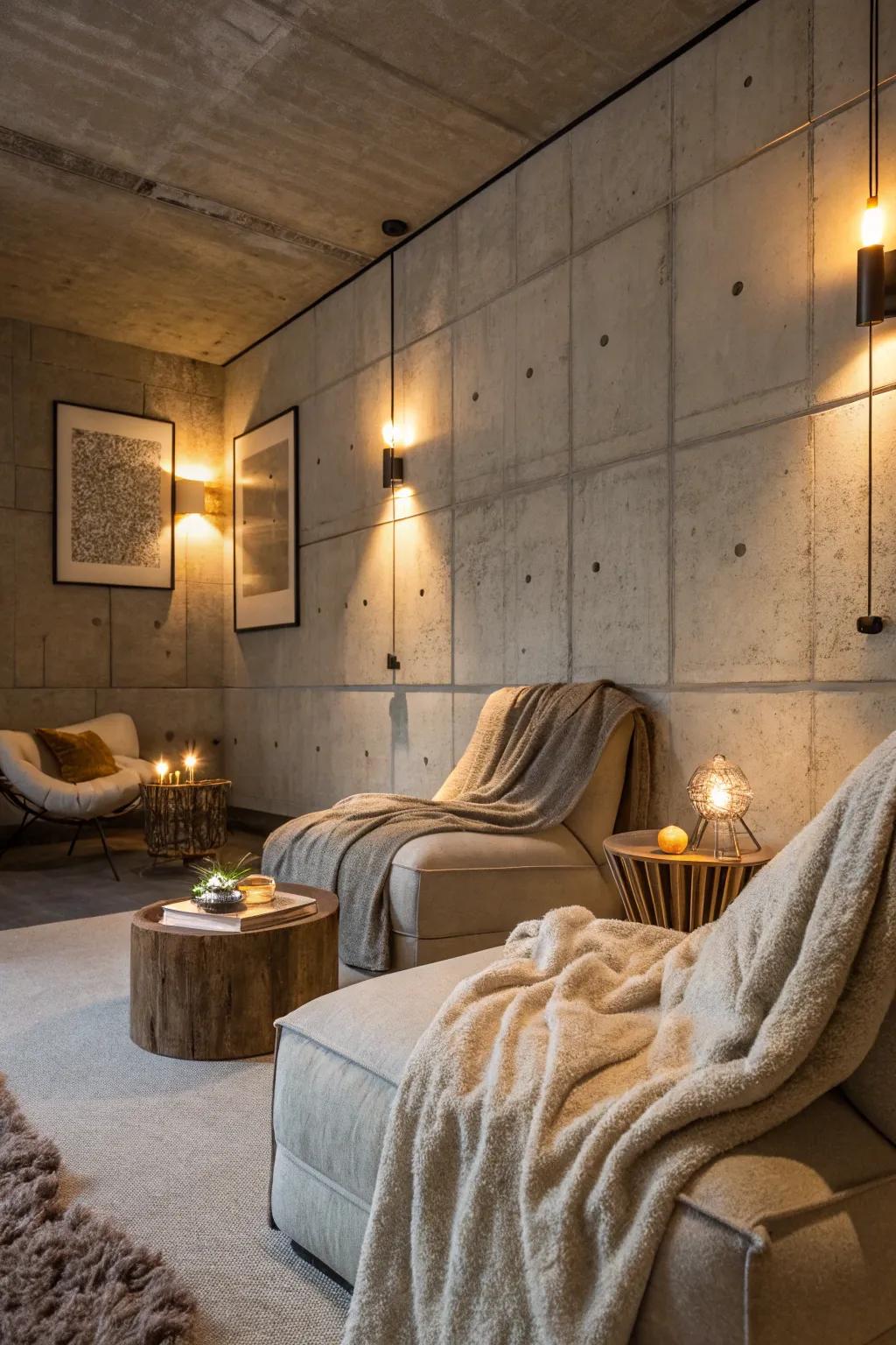 Warm lighting turns concrete walls into a cozy refuge.