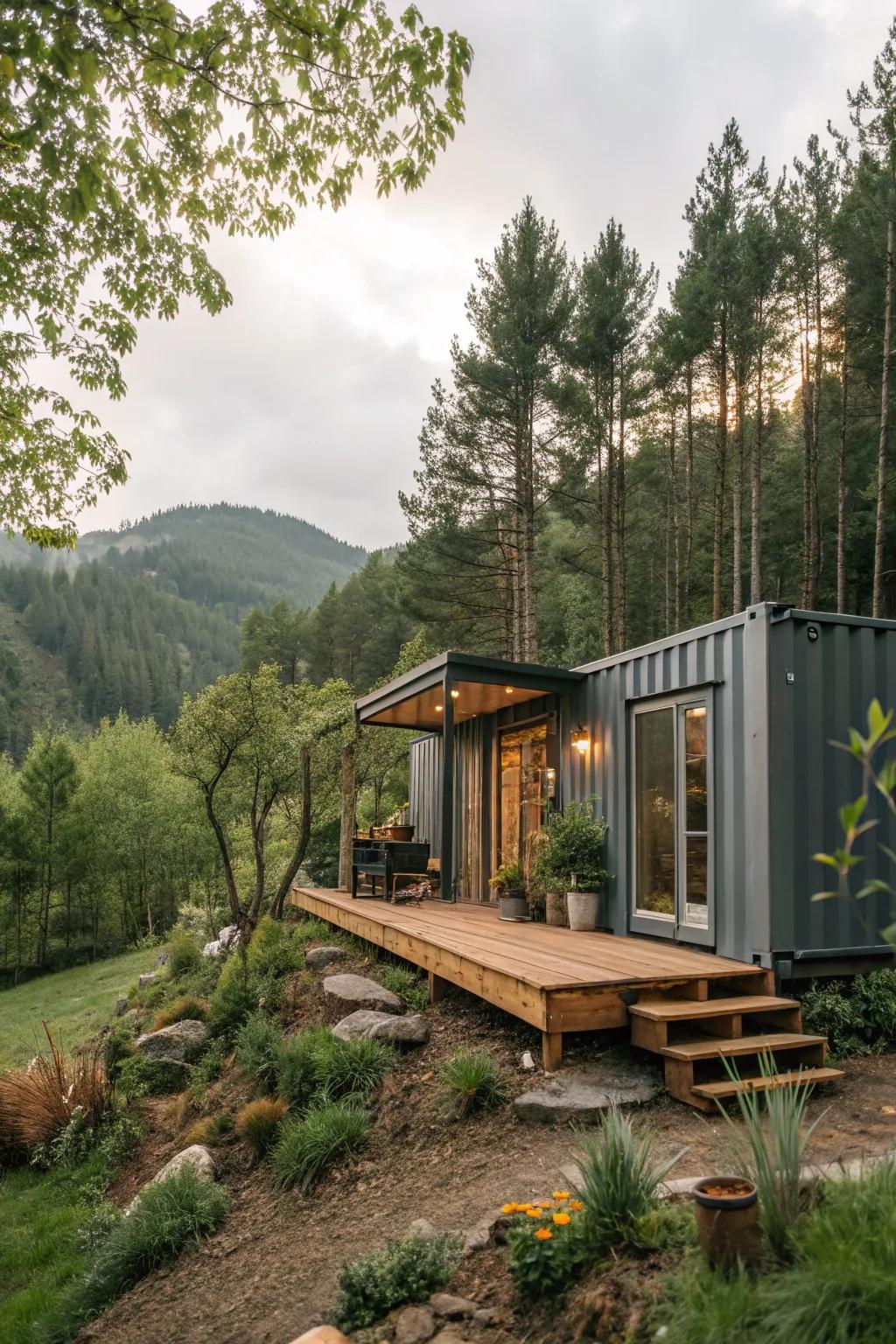 A container home fluidly integrated within its natural surroundings.