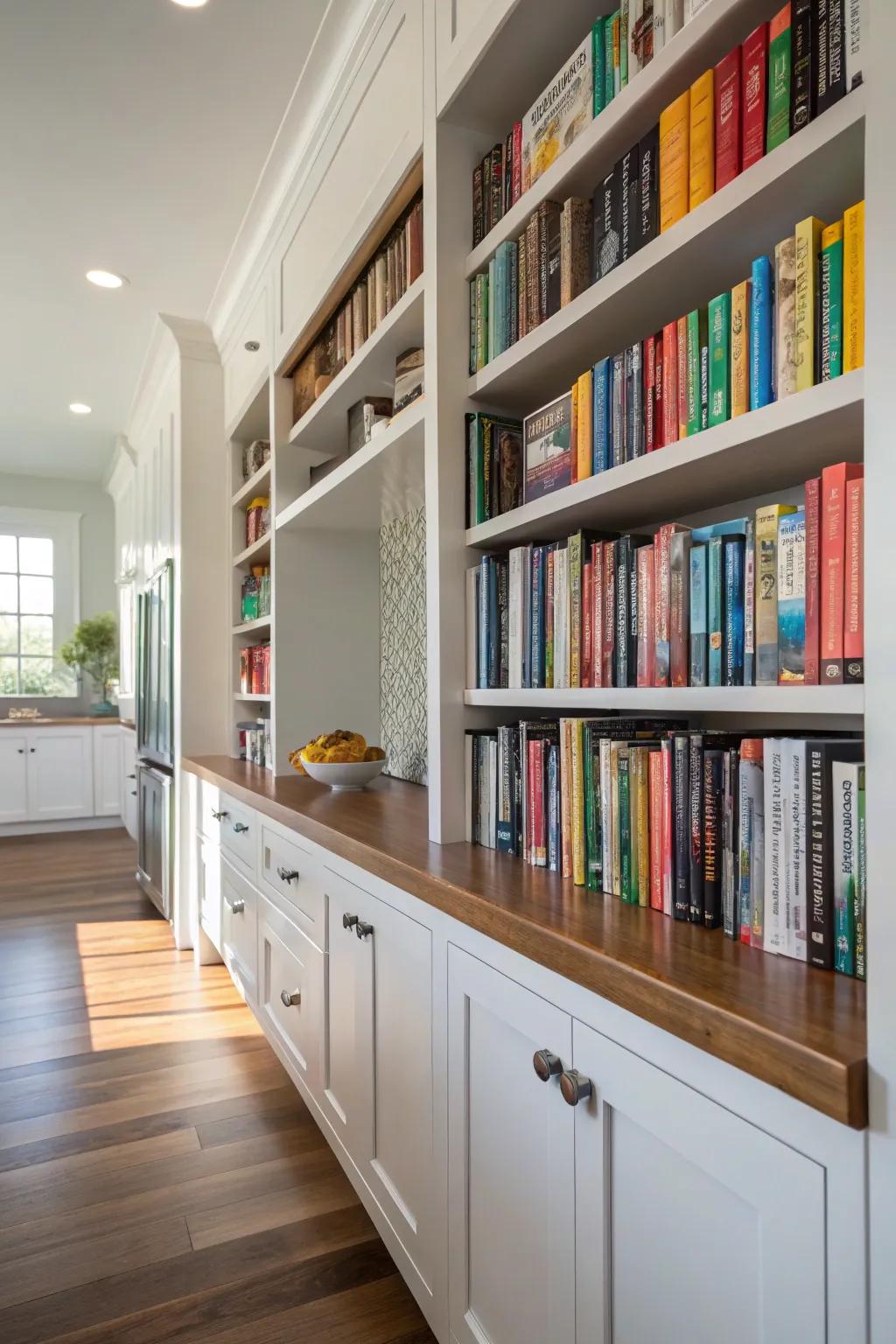 Custom custom-fitted shelves fashion a cohesive appearance for arranging cookbooks.