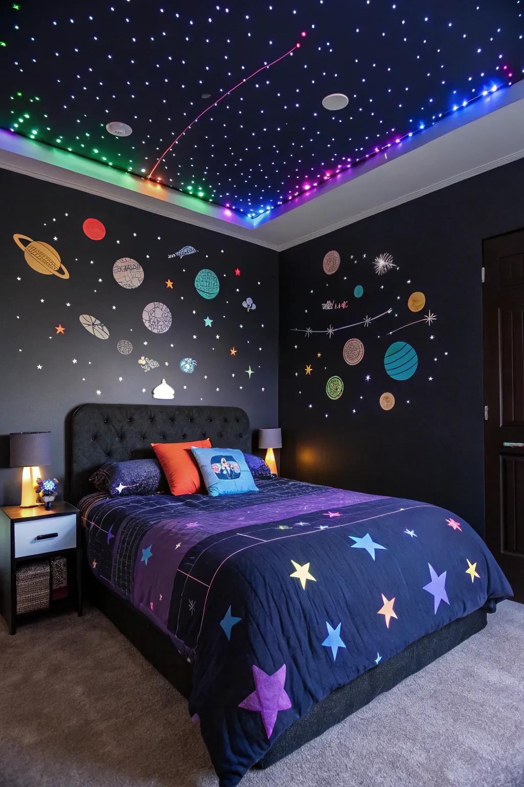 Space-themed beds transform your room into a starry universe.