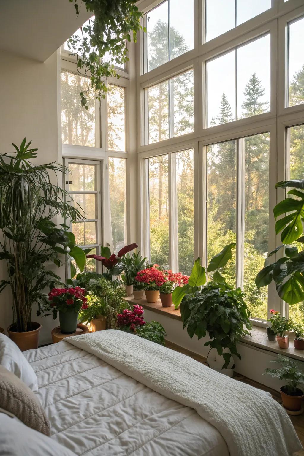 Natural elements invigorate the bedroom with a fresh and calming ambiance.