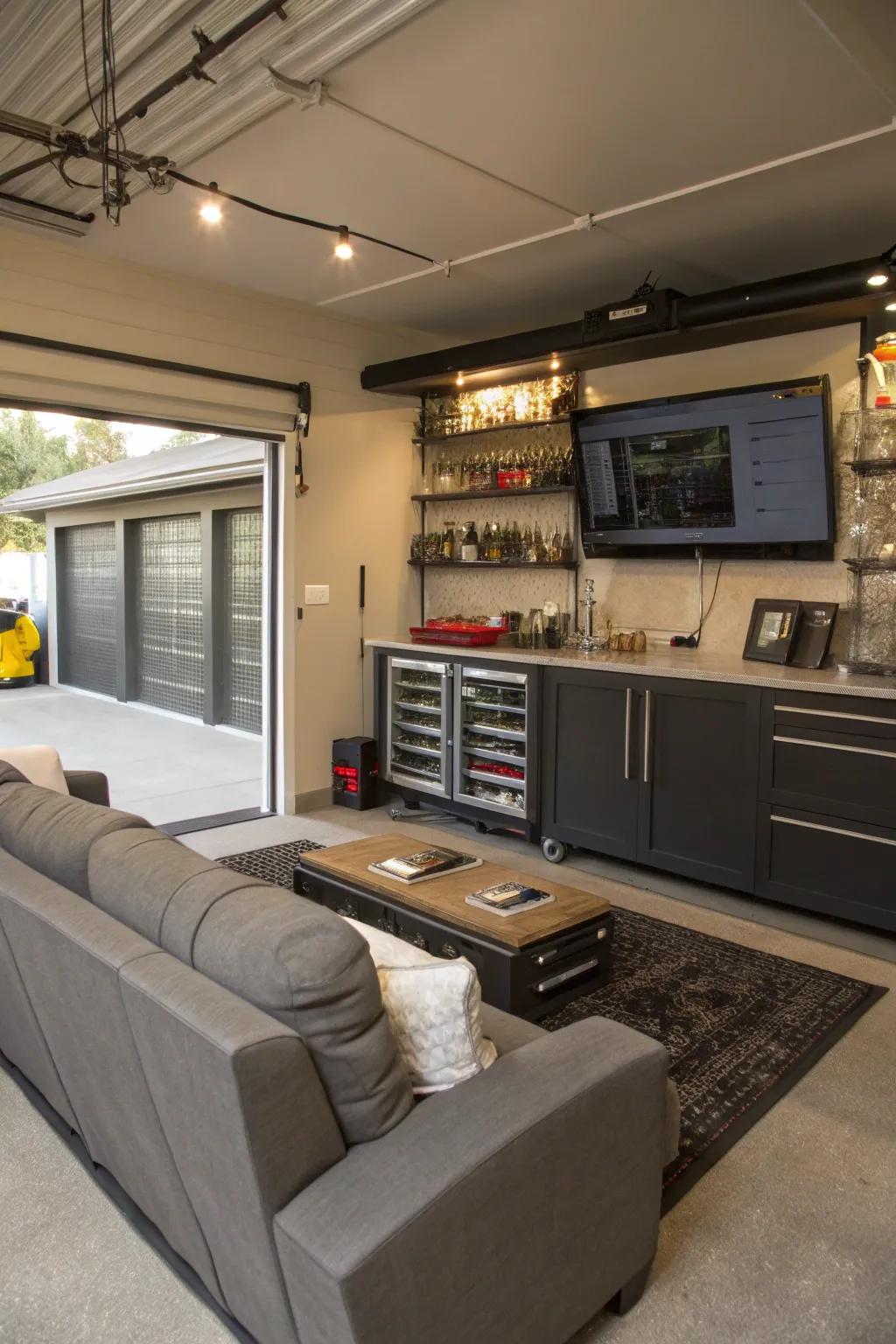 A relaxation zone in the garage with comfortable seating and a mini bar.