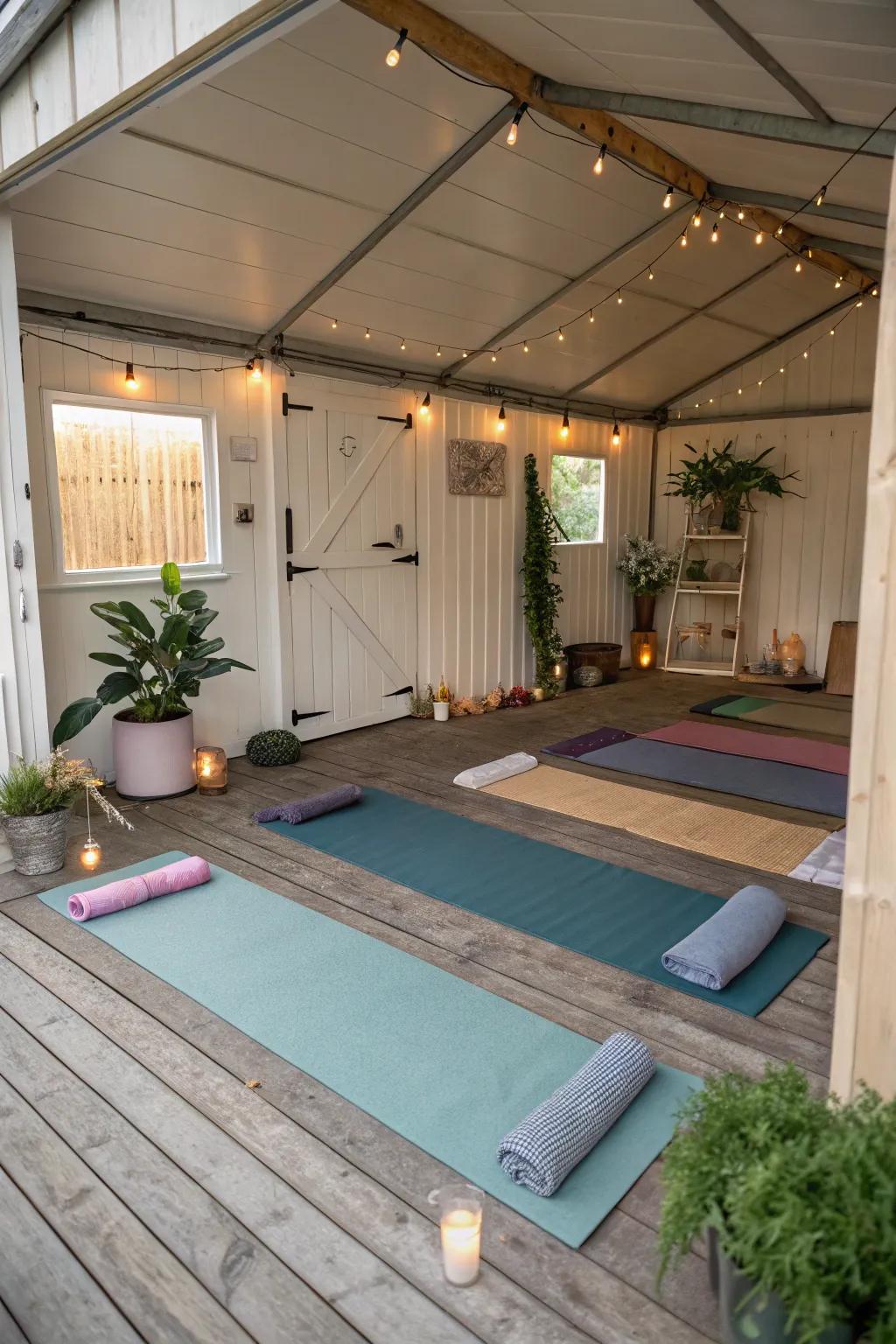 Discover your inner peace in a serene shed yoga studio.
