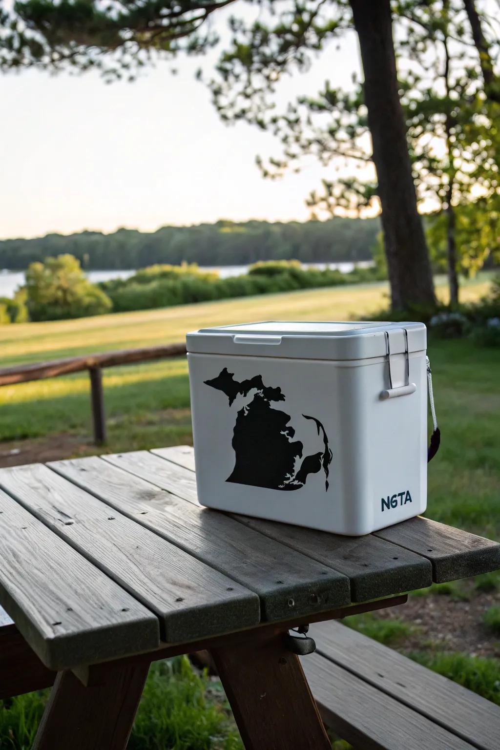 A state pride cooler featuring a Massachusetts outline.