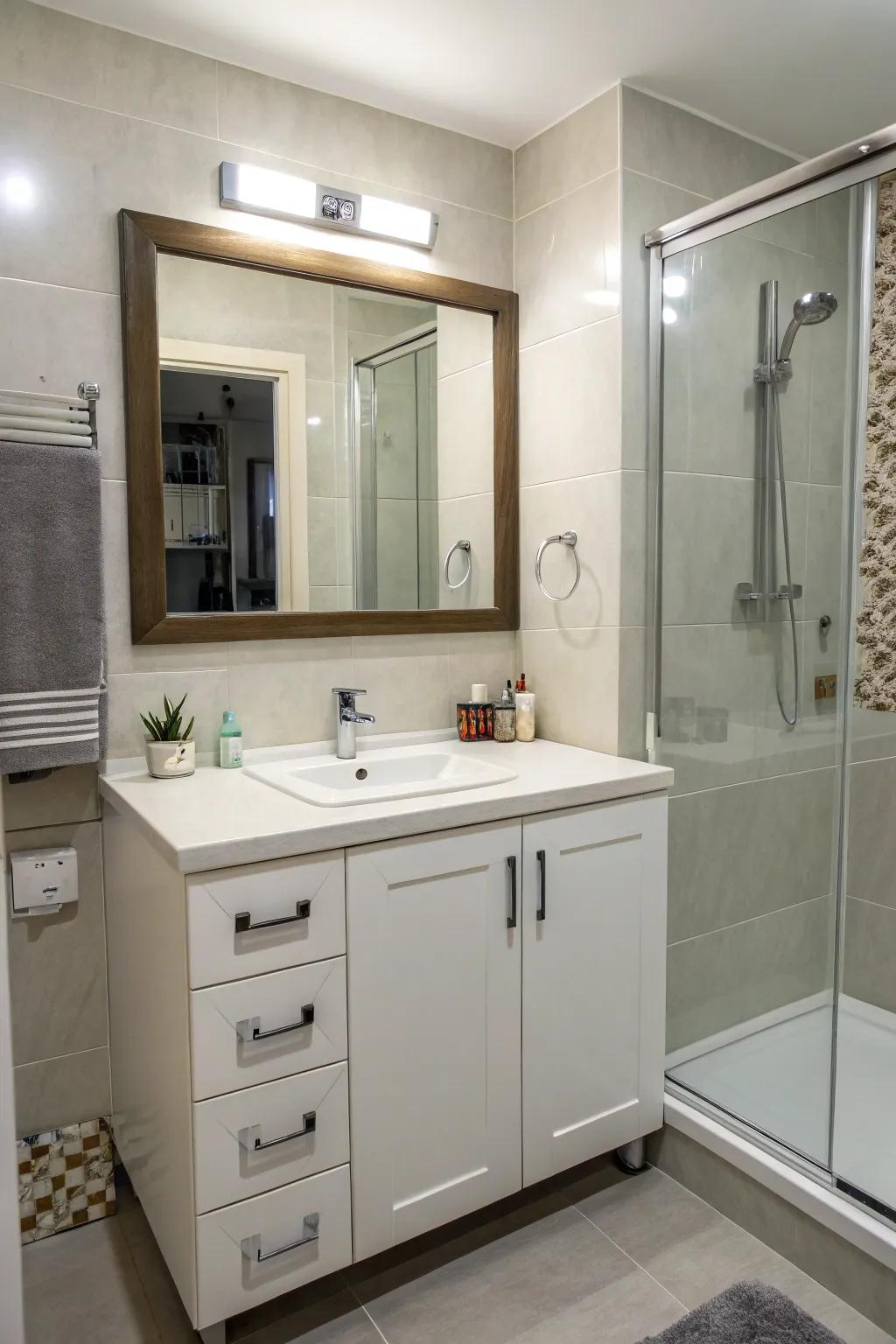 A corner vanity combines usefulness and style.