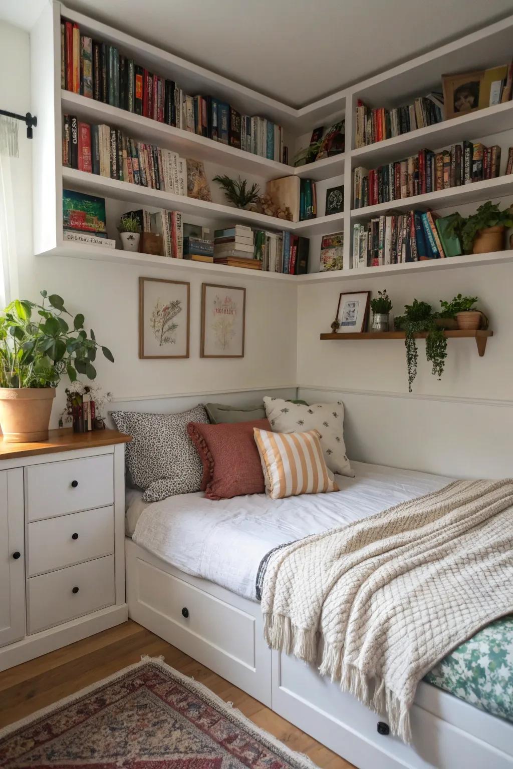 In-wall shelving adds storage and design above a corner bed.