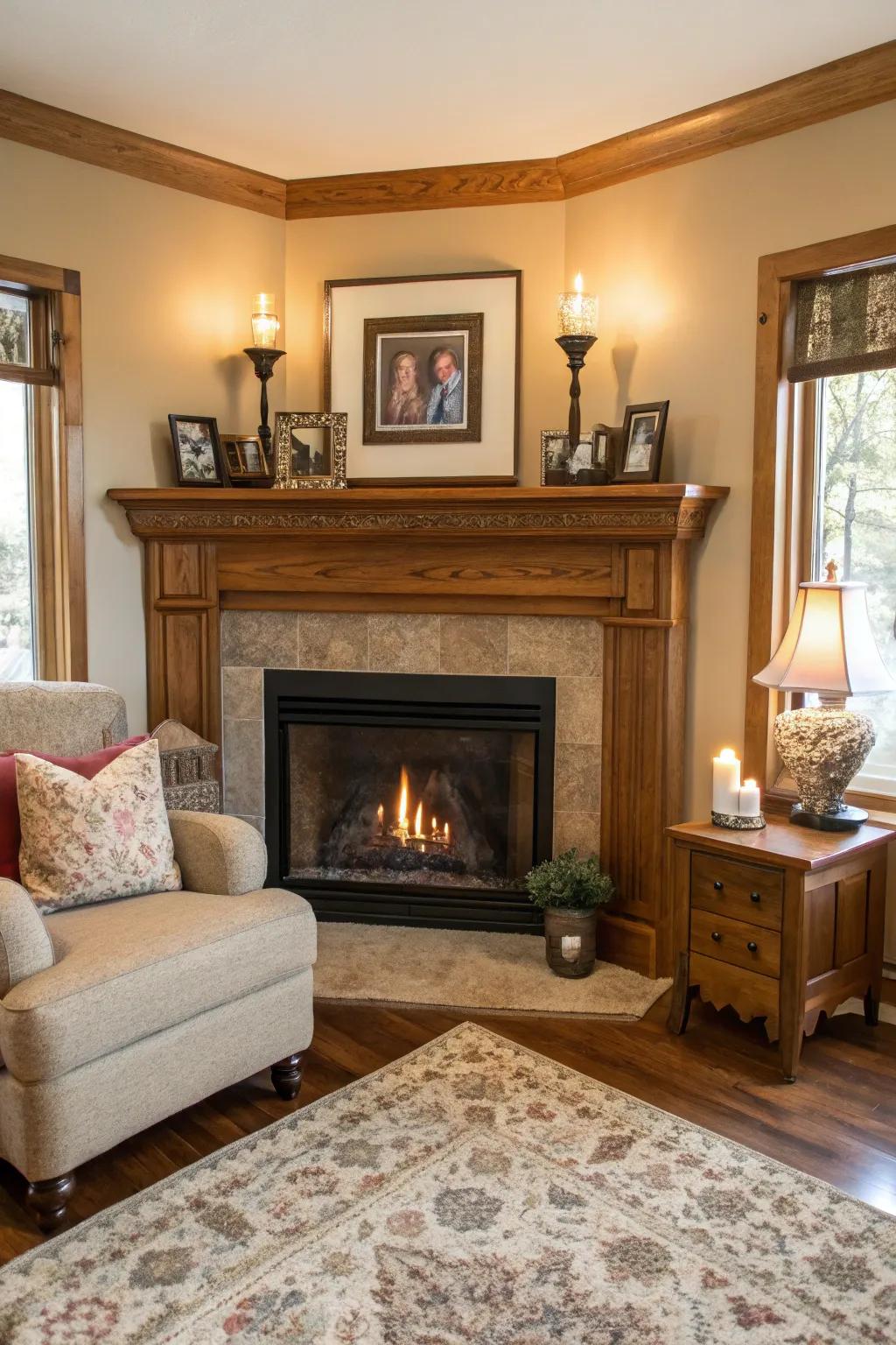 Classic wood surround enhancing a timeless corner fireplace.