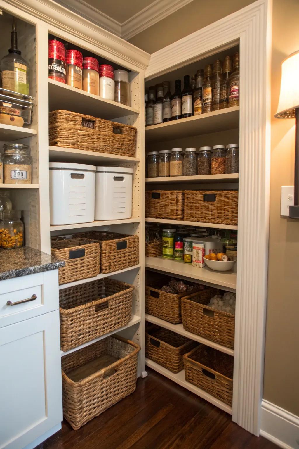 A corner pantry showcasing woven baskets for added appeal.
