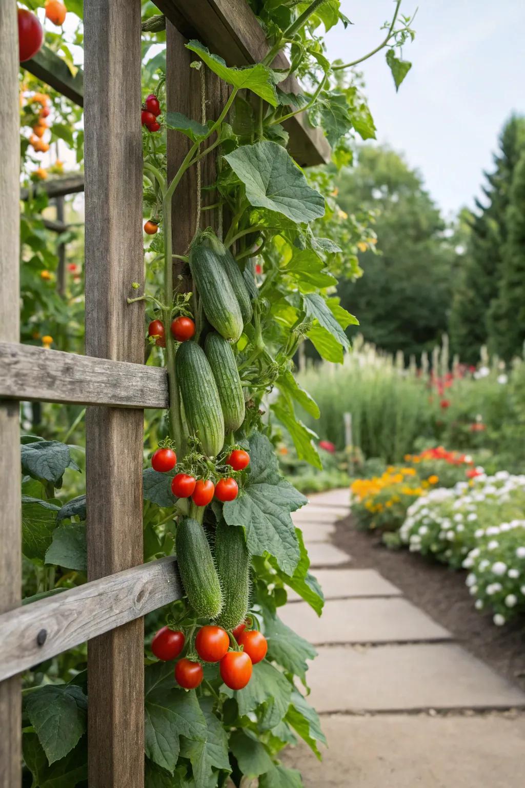 An upright vegetable patch flaunting cucumbers and tomatoes cultivated on a trellis.