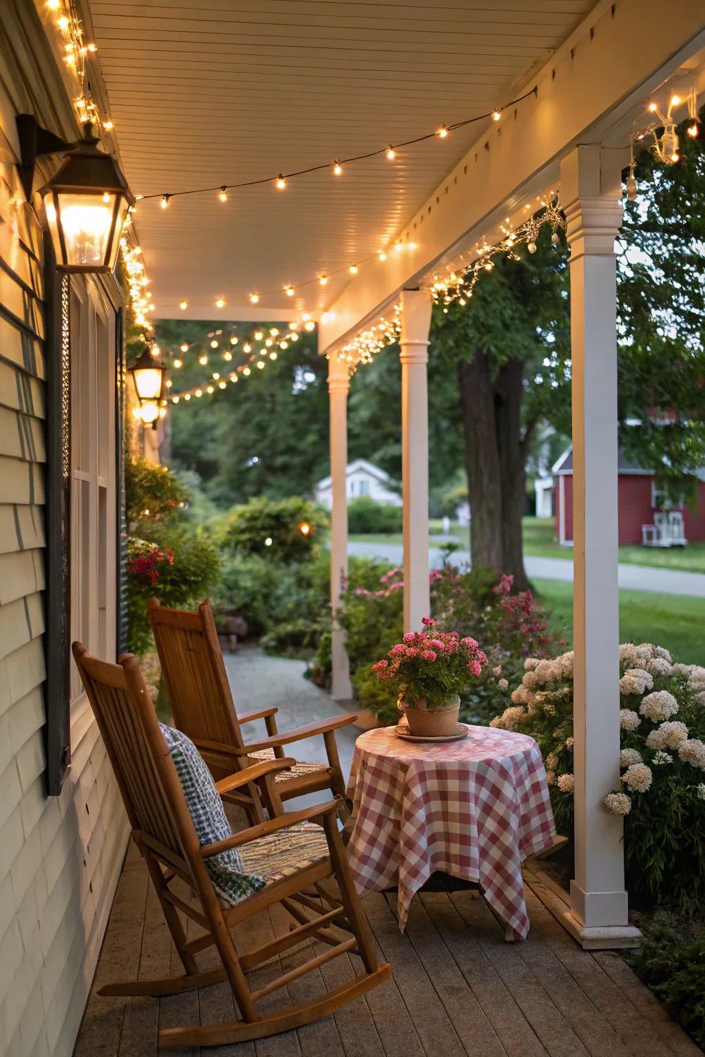 A snug veranda illuminated by gentle strands.