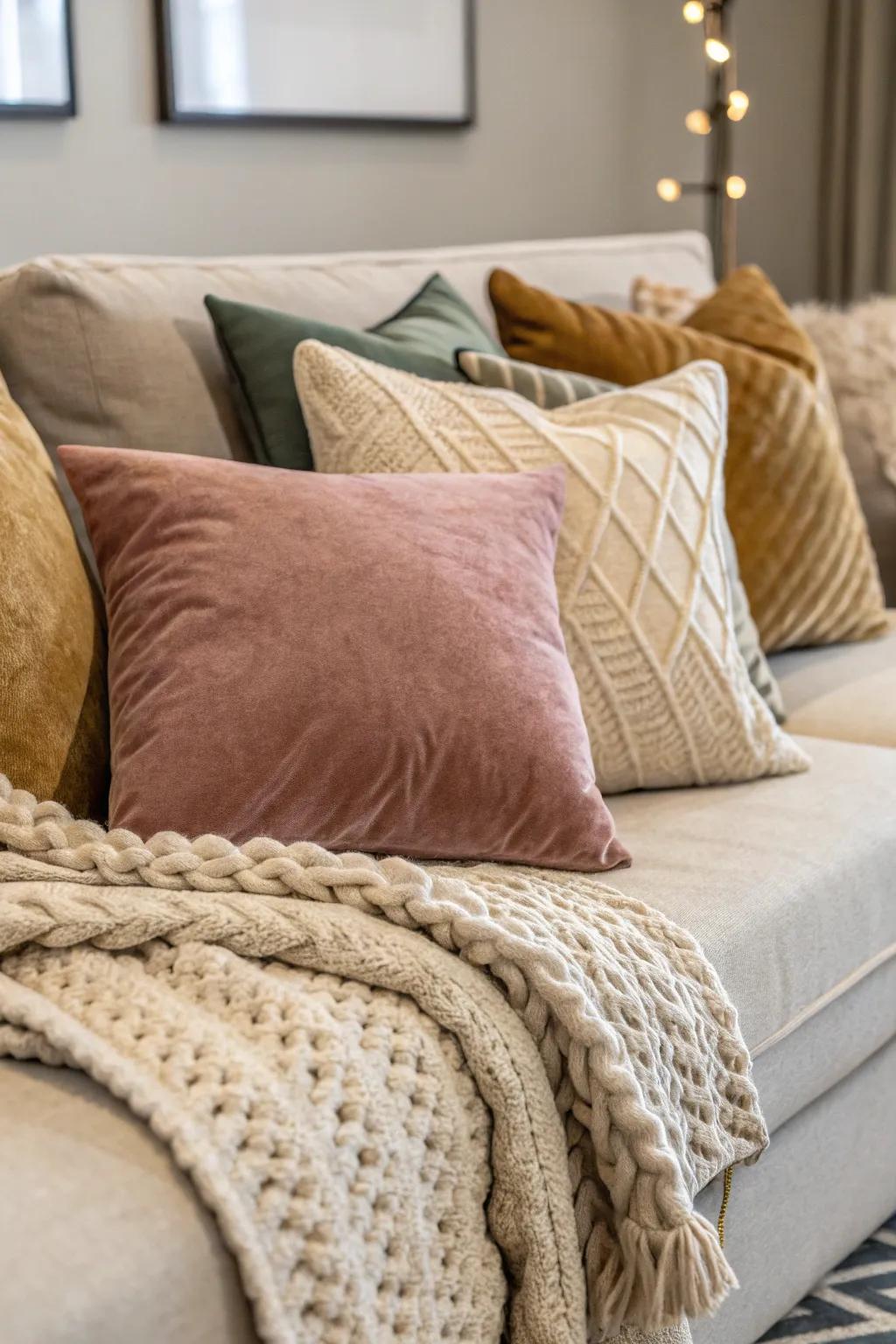 A combination of textures delivers depth and warmth to the sofa.