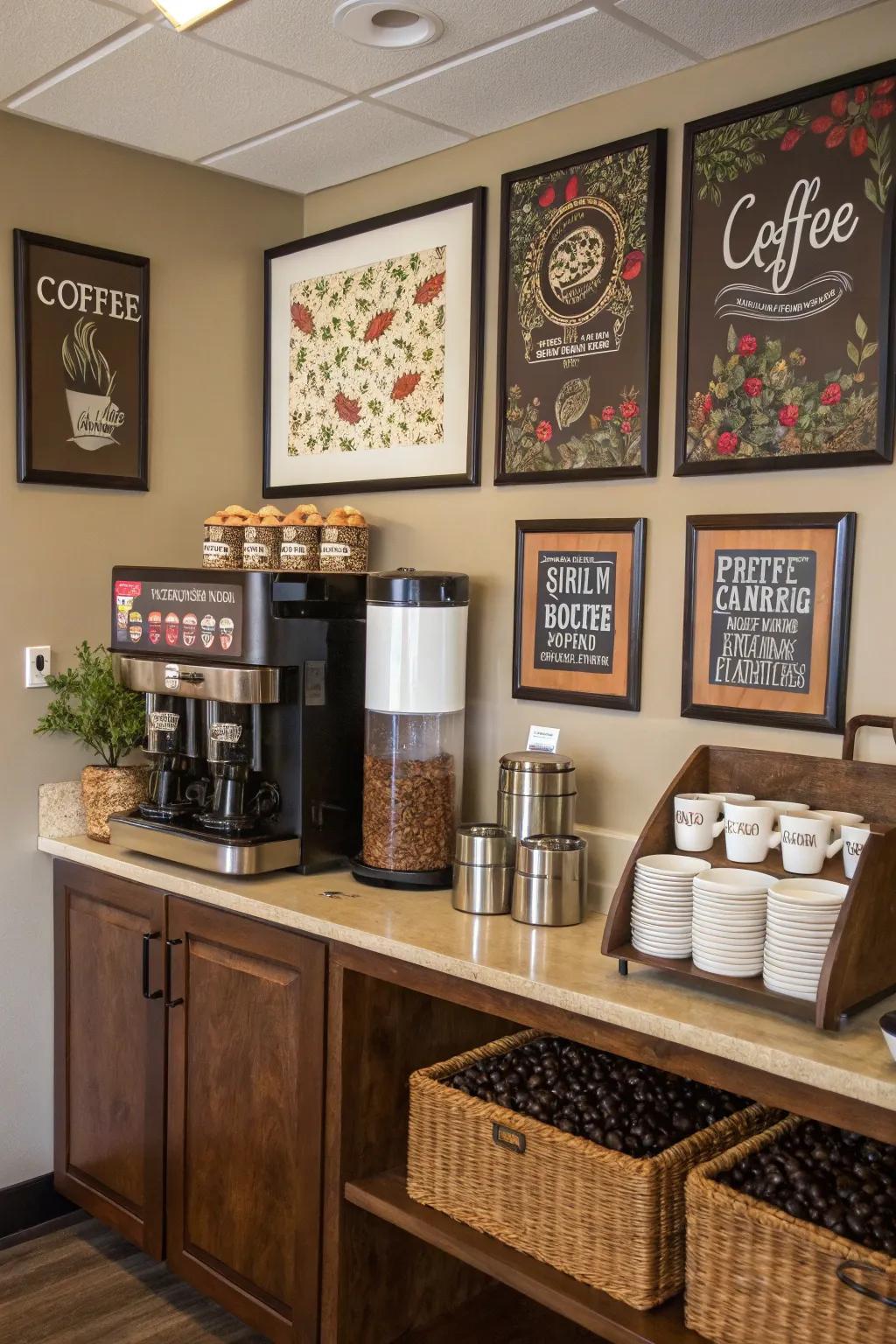 Decorate your coffee station with art for a splash of creativity.