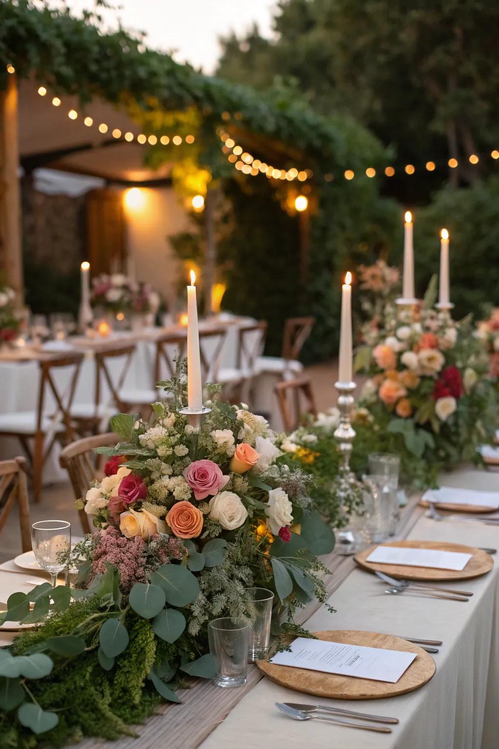 Wedding tables decorated with abundant flower and greenery arrangements.
