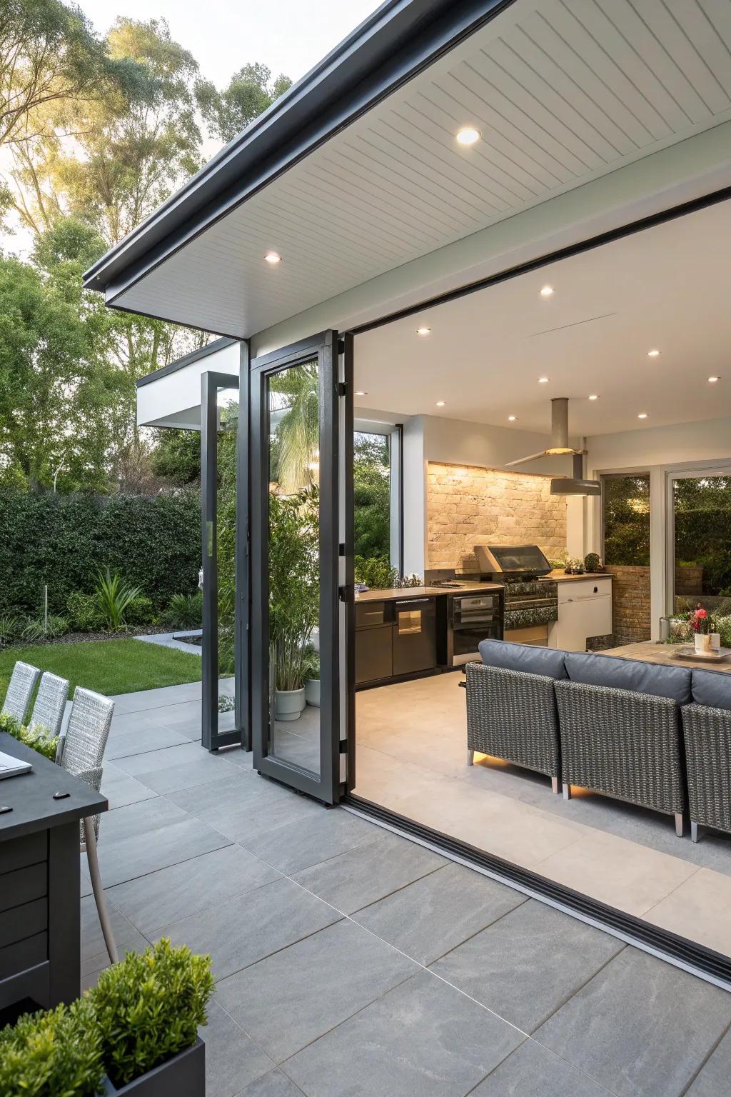 Folding doors flawlessly merge indoor and outdoor cooking zones.