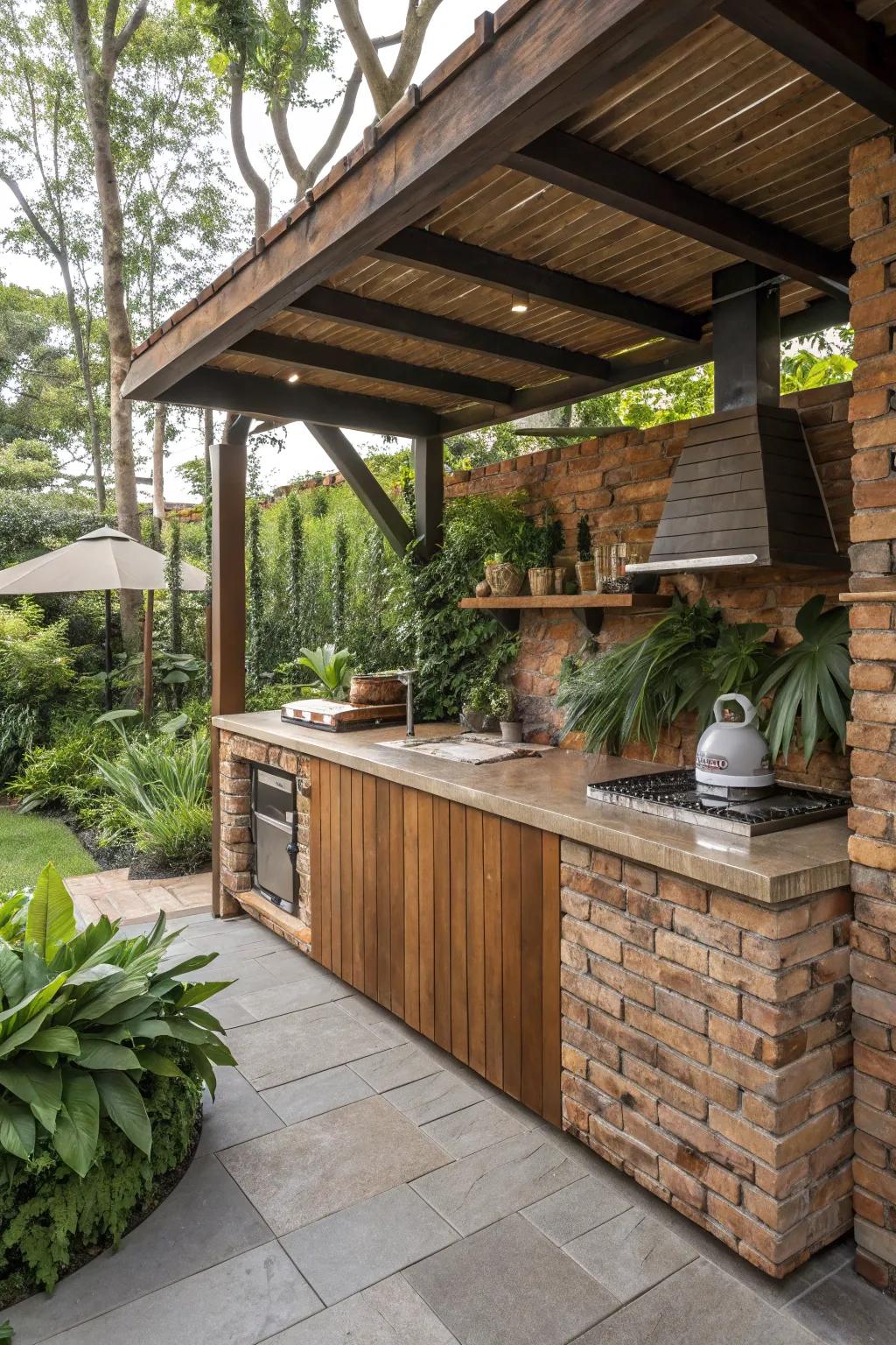 A cozy rustic kitchen with wood and brick elements brings warmth to your deck.