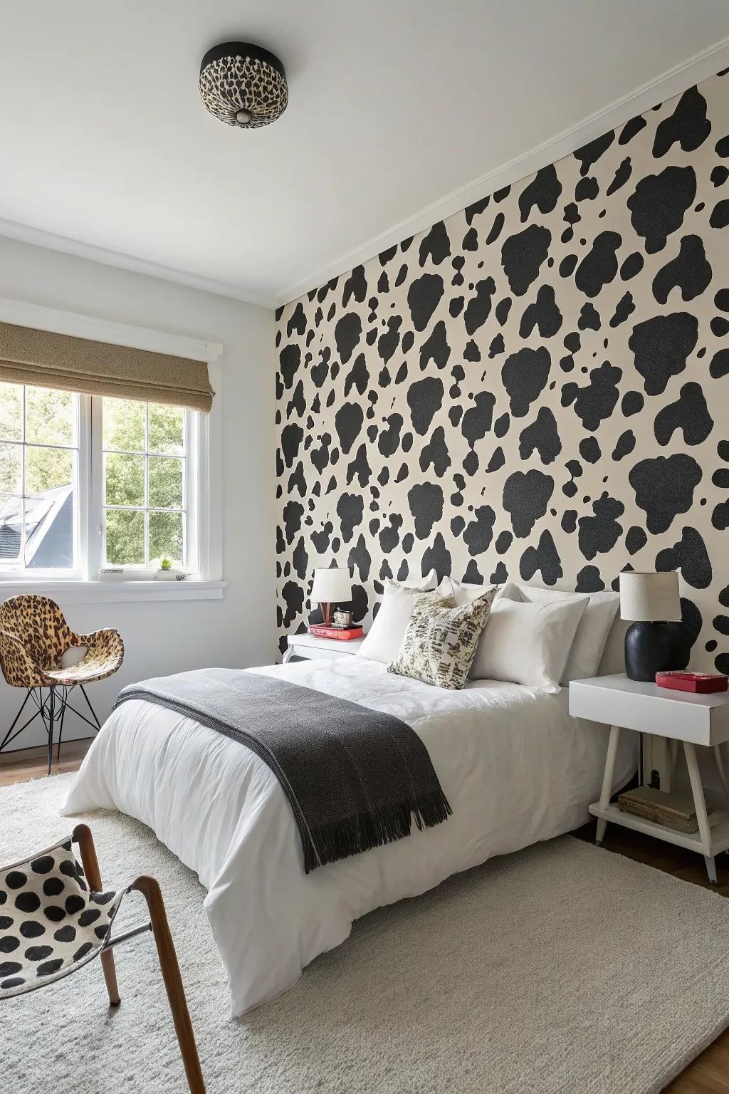 Spotted bovine wallpaper renders a daring statement in any kind of space.