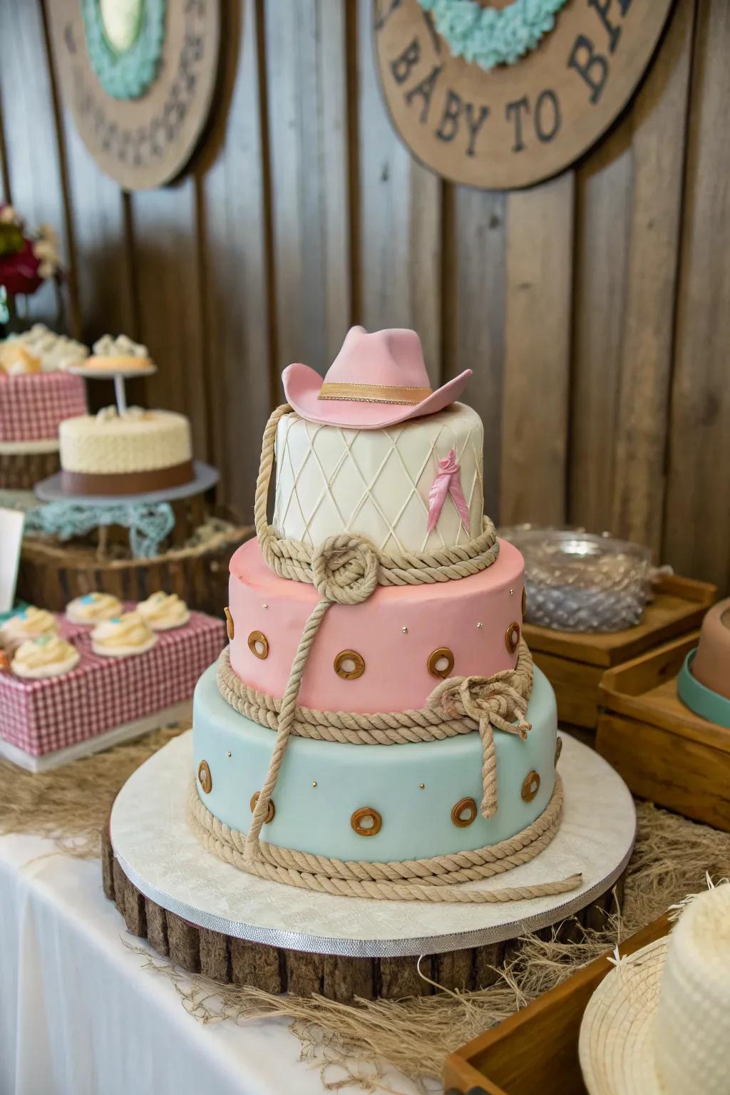 Western-themed embellishments impart a delightful feel to this baby shower cake.