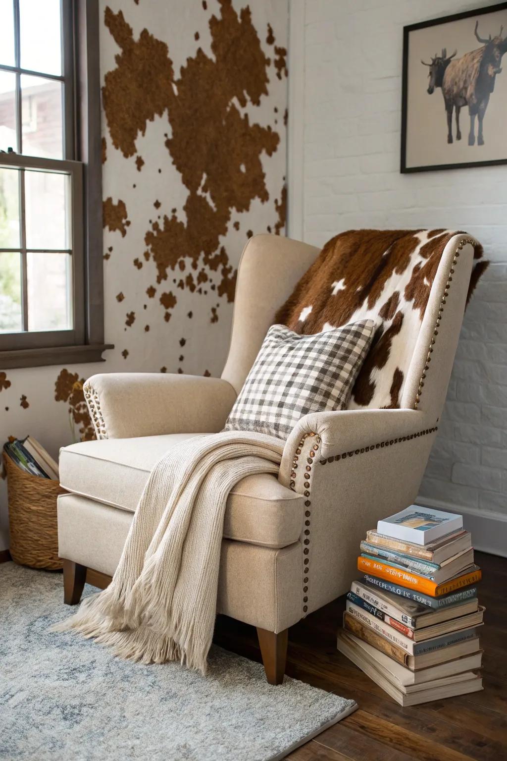 A cozy reading nook enhanced by a cowhide wall backdrop.