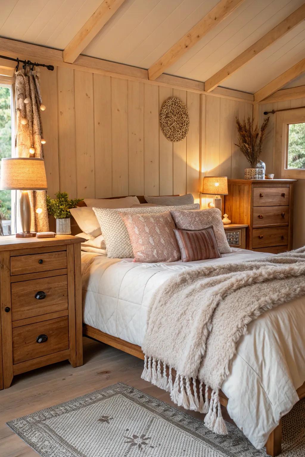 A bedroom embellished with warm timber furnishings, radiating an embracing and welcoming aura.