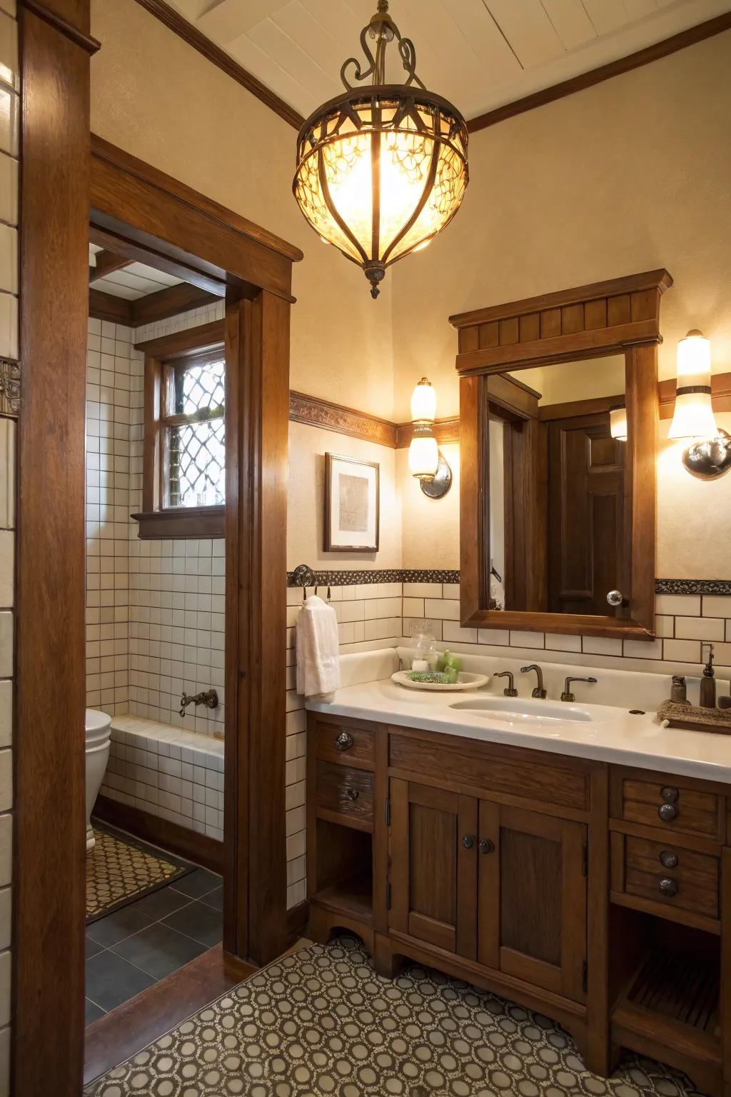 Vintage-style lighting elements illuminating the craftsman bathroom.