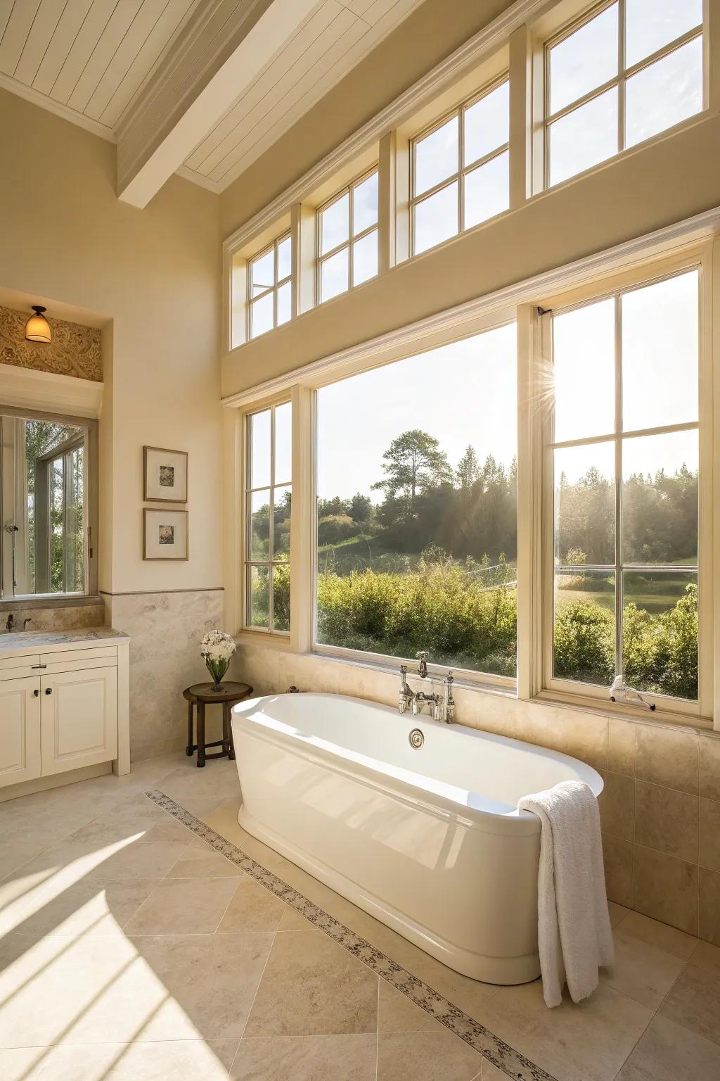 Natural light beautifully complements the cream tones in this bathroom.