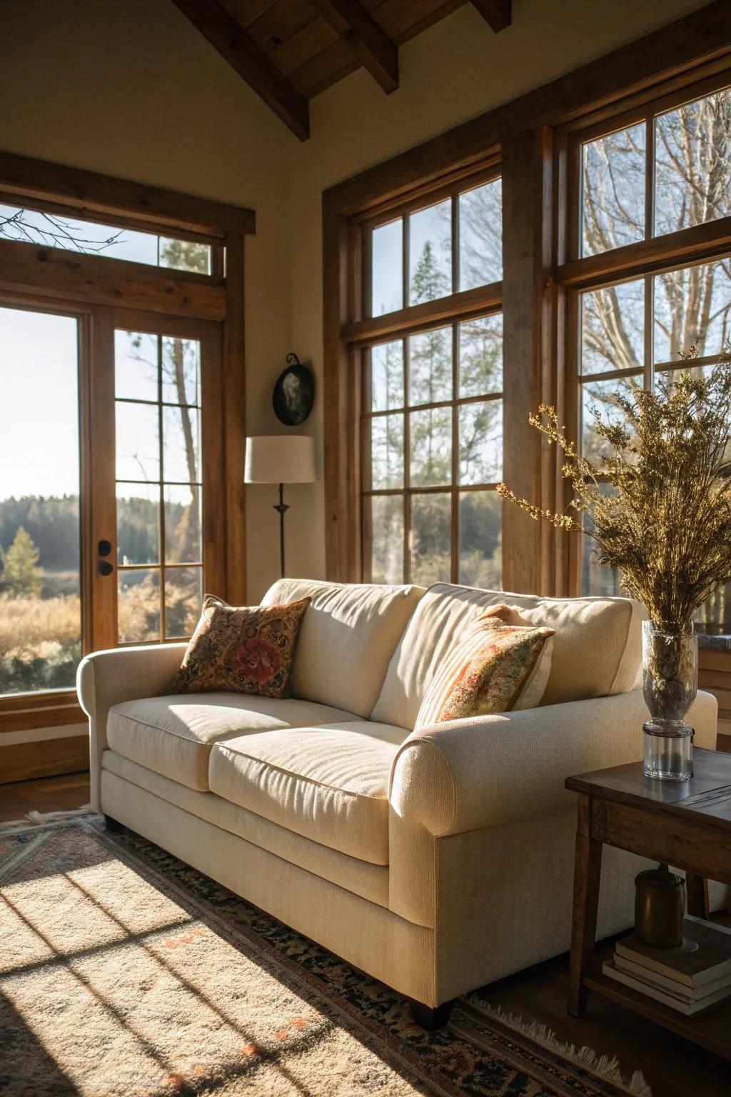 Organic illumination magnifies the snug charm of a vanilla settee.