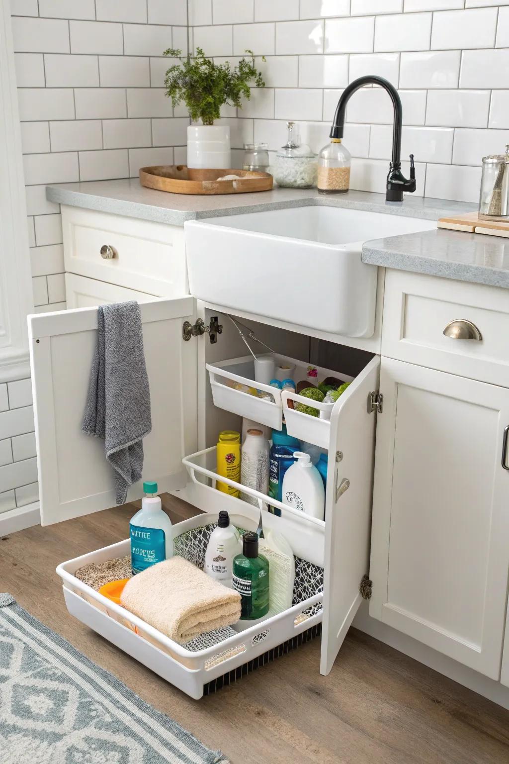 Under-sink organizers keep essentials hidden but within reach.