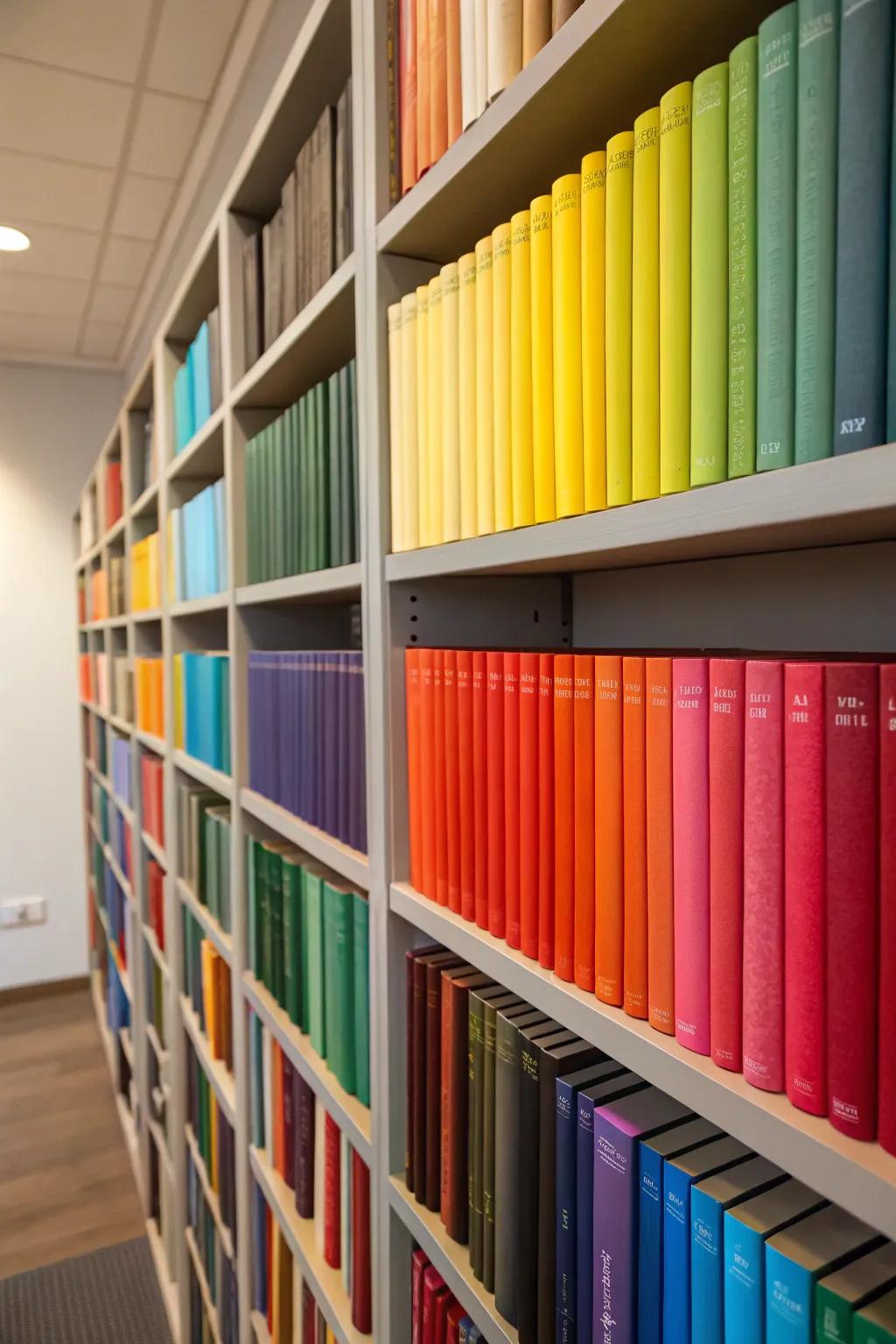Transform your bookcase into a vibrant spectrum through color-coordinated setups.