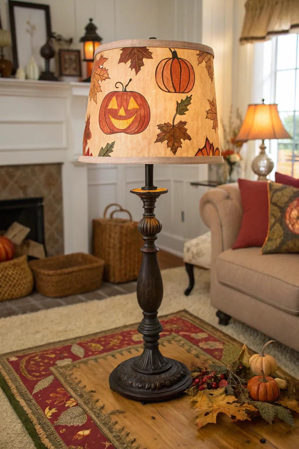 A pumpkin-themed lamp provides a festive vibe to a living space.