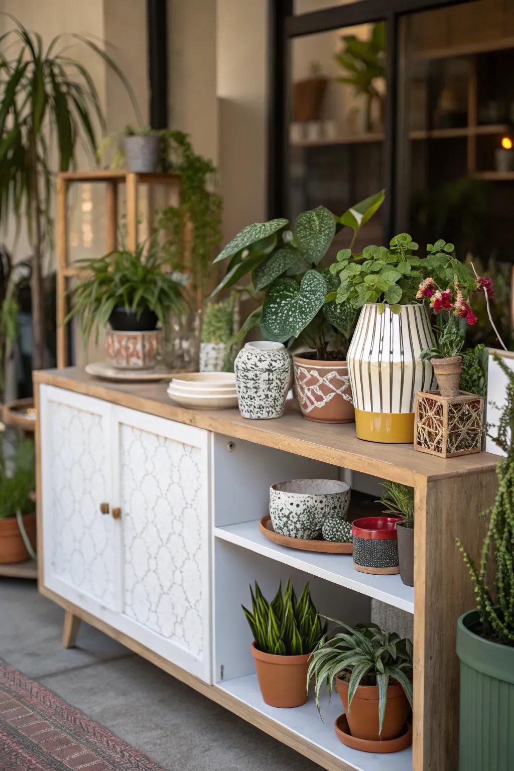 A credenza beautifully enhanced with greenery.
