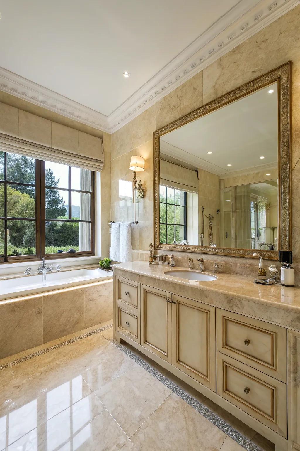 Expansive mirrors paired with crema marfil significantly enhance the sensation of space.