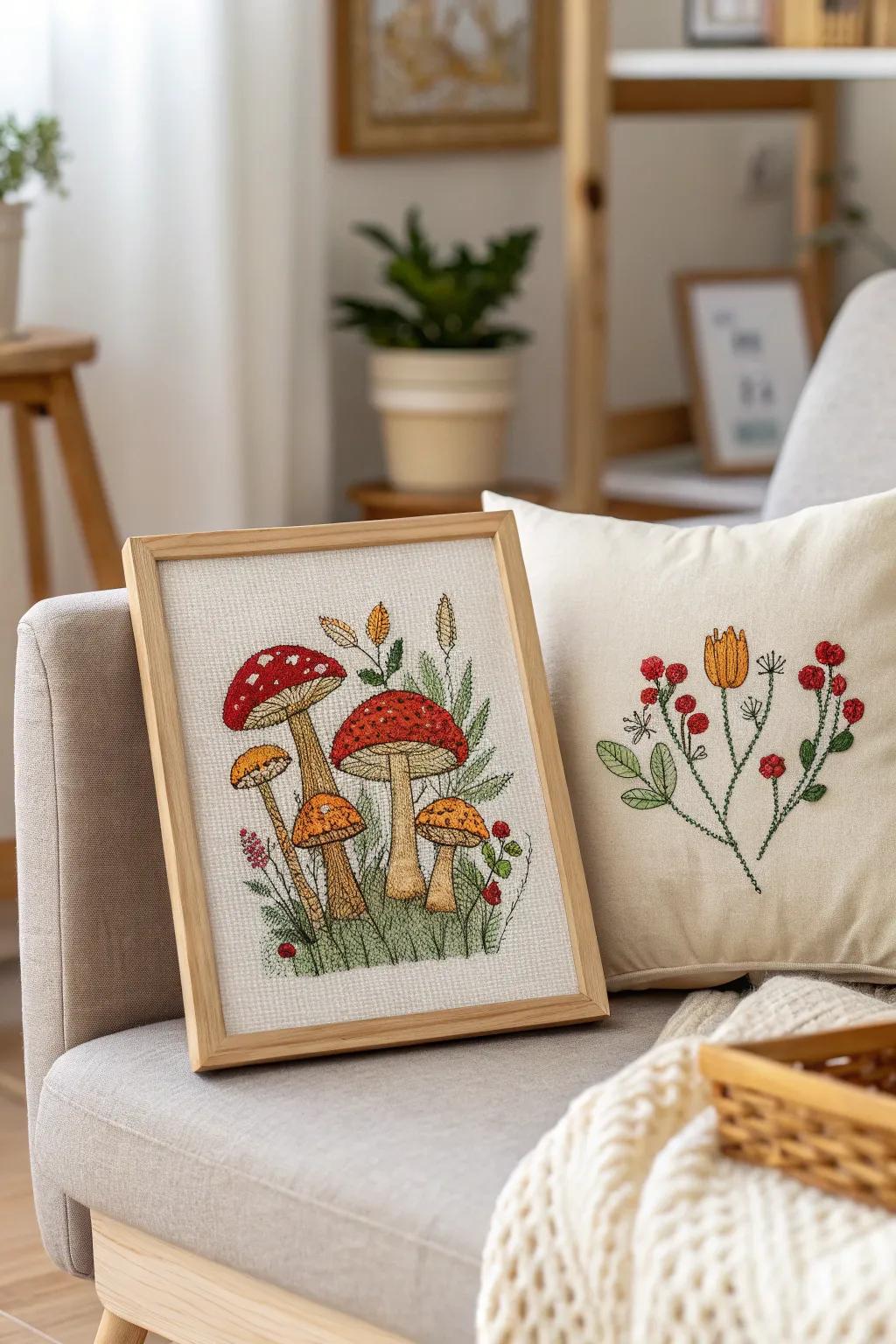 Include a fun detail to your space using a whimsical mushroom cross-stitch design.