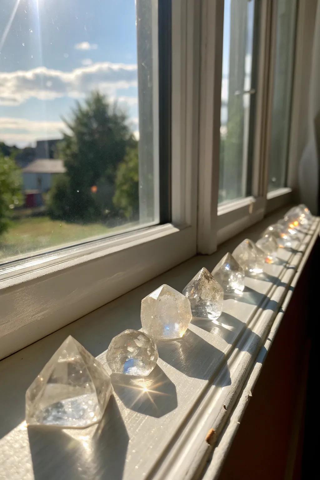 Crystals on a windowsill catch and reflect sunlight, filling the room with light.