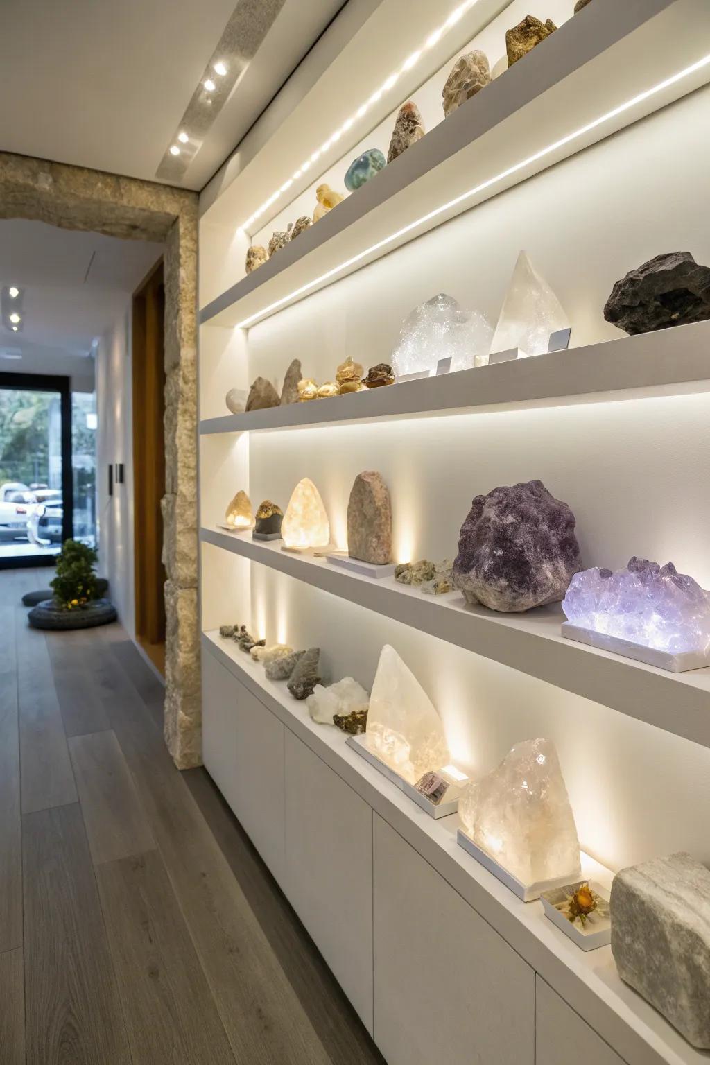Imagine floating shelves, illuminated subtly, showcasing crystals in all their glory.