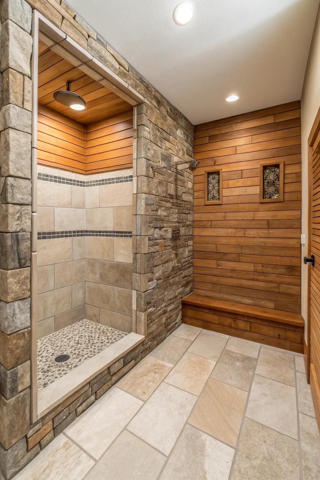 An elegant fusion of materials creates an inviting and exceptional shower area.